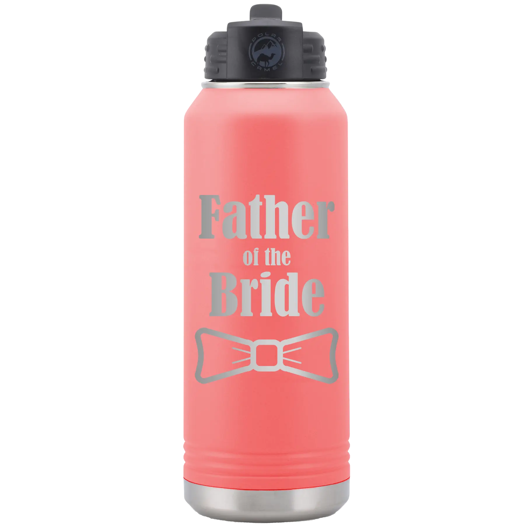 Laser etched coral 32 oz vacuum insulated water bottle with 'Father of the Bride' design