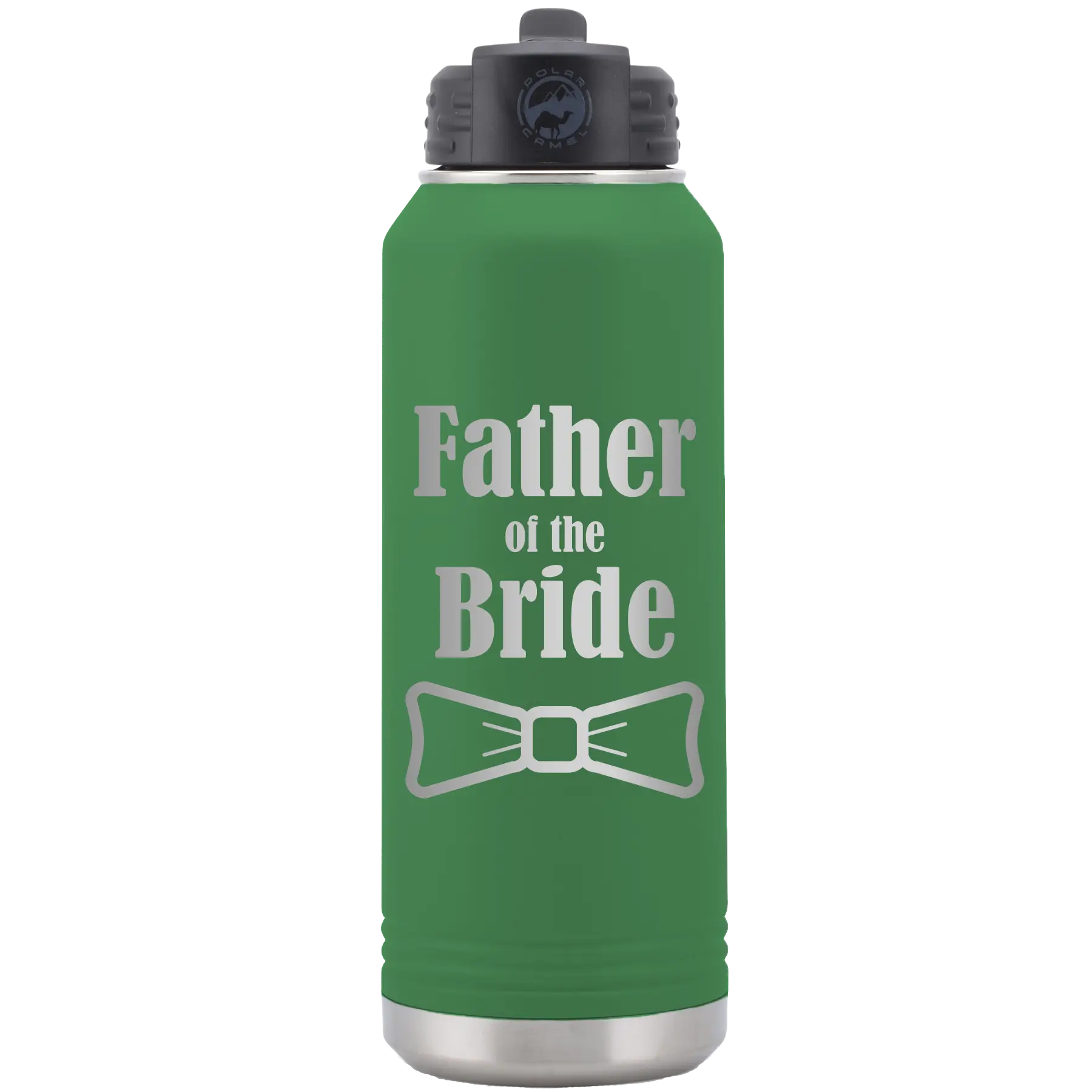 Laser etched green 32 oz vacuum insulated water bottle with 'Father of the Bride' design