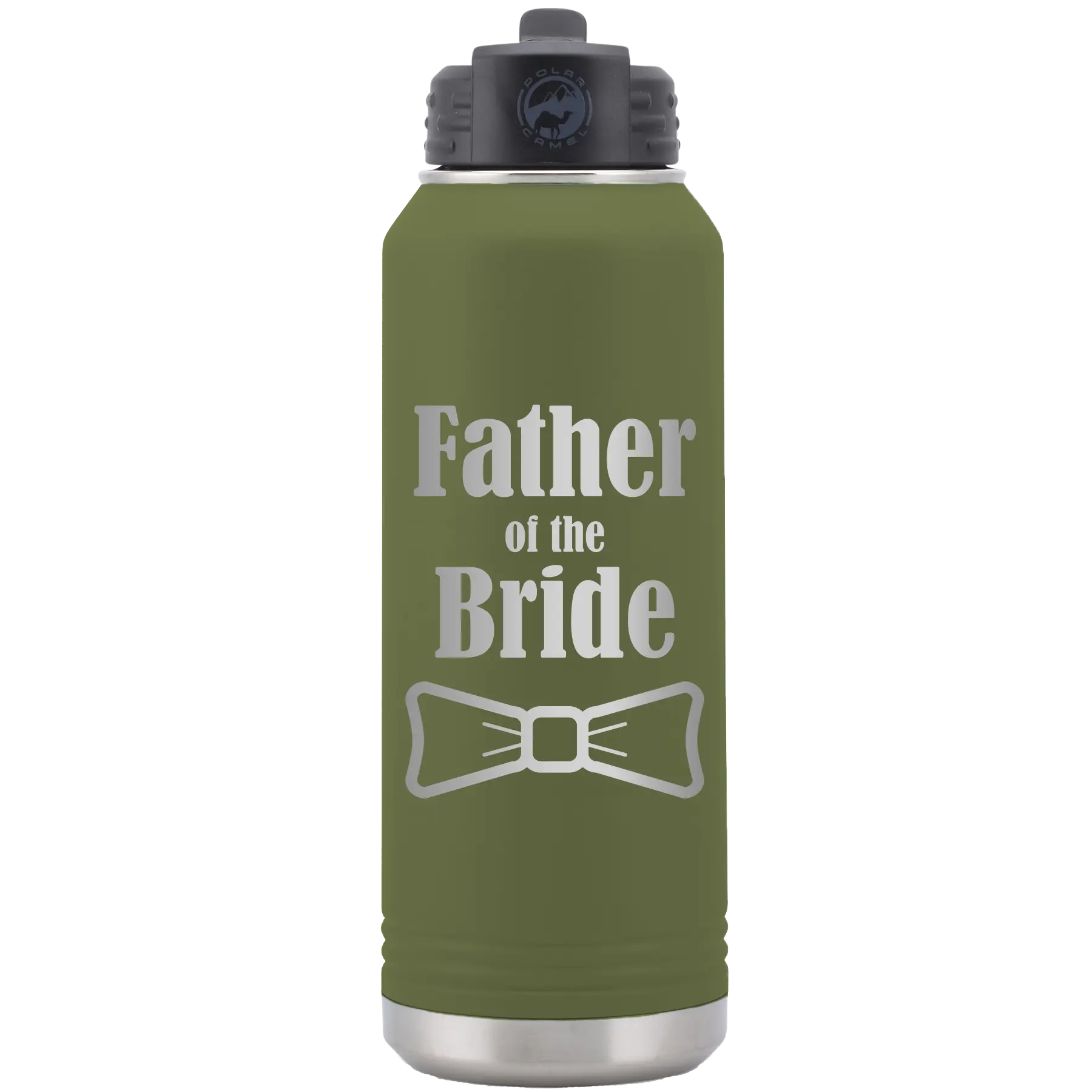 Laser etched olive green 32 oz vacuum insulated water bottle with 'Father of the Bride' design
