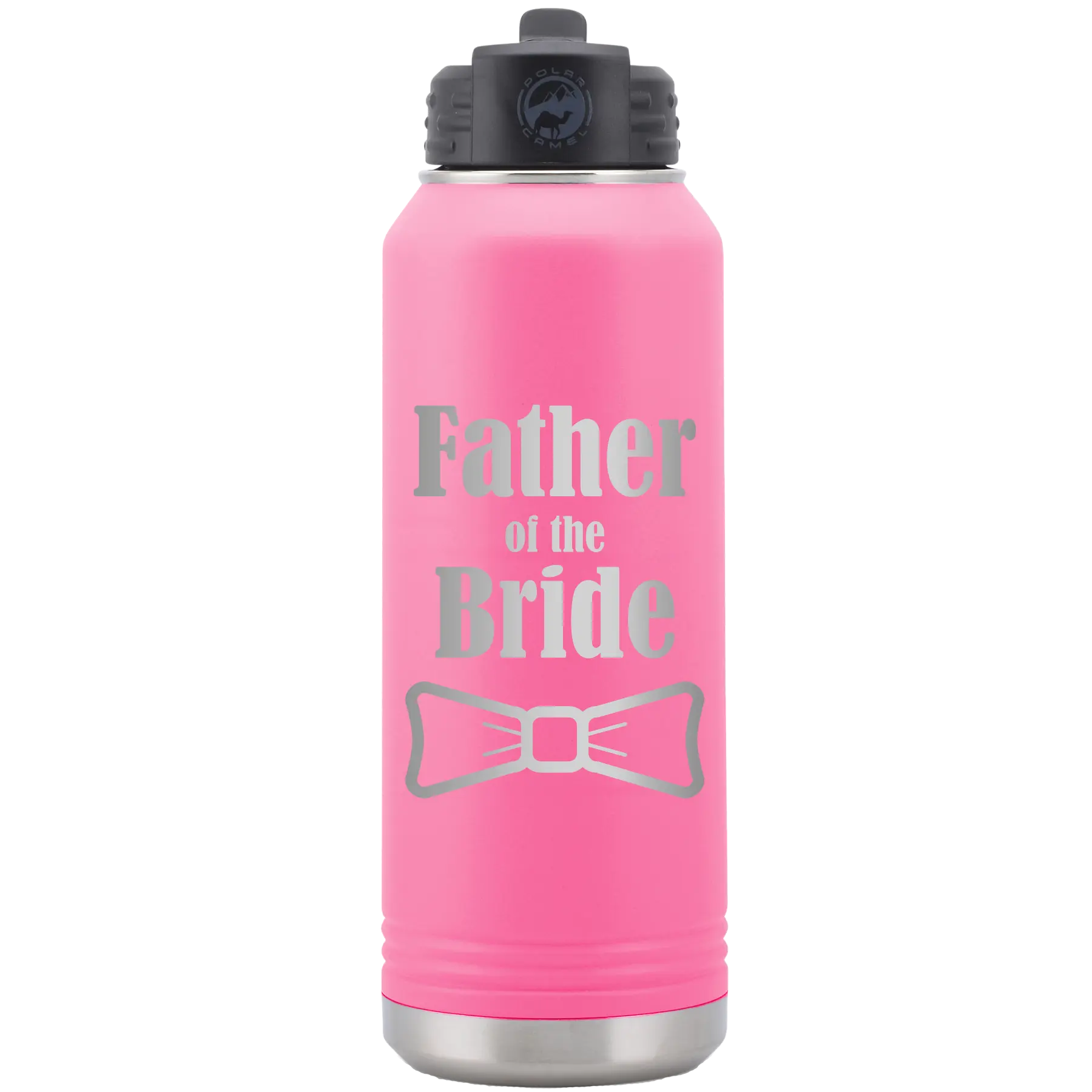 Laser etched pink 32 oz vacuum insulated water bottle with 'Father of the Bride' design