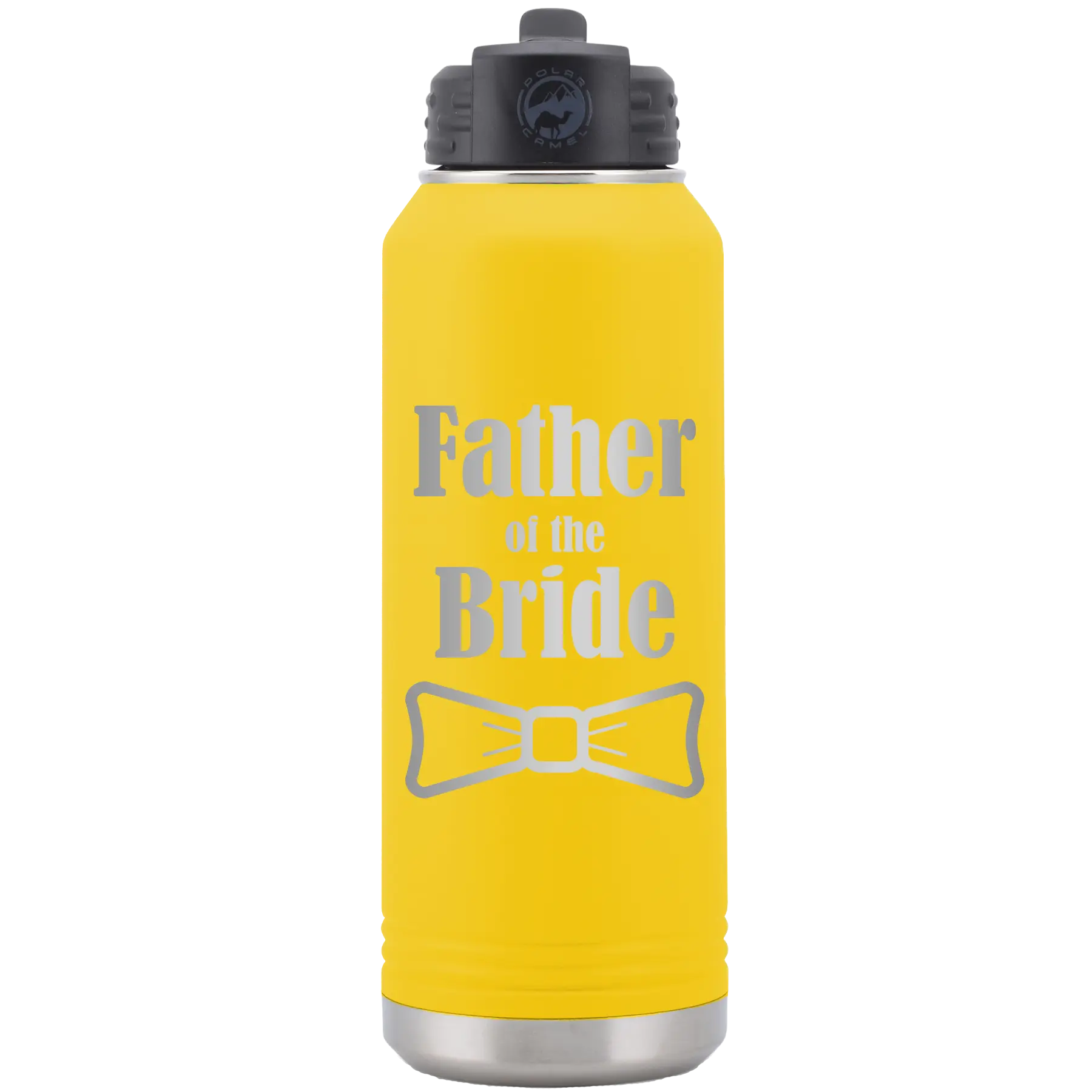 Laser etched yellow 32 oz vacuum insulated water bottle with 'Father of the Bride' design