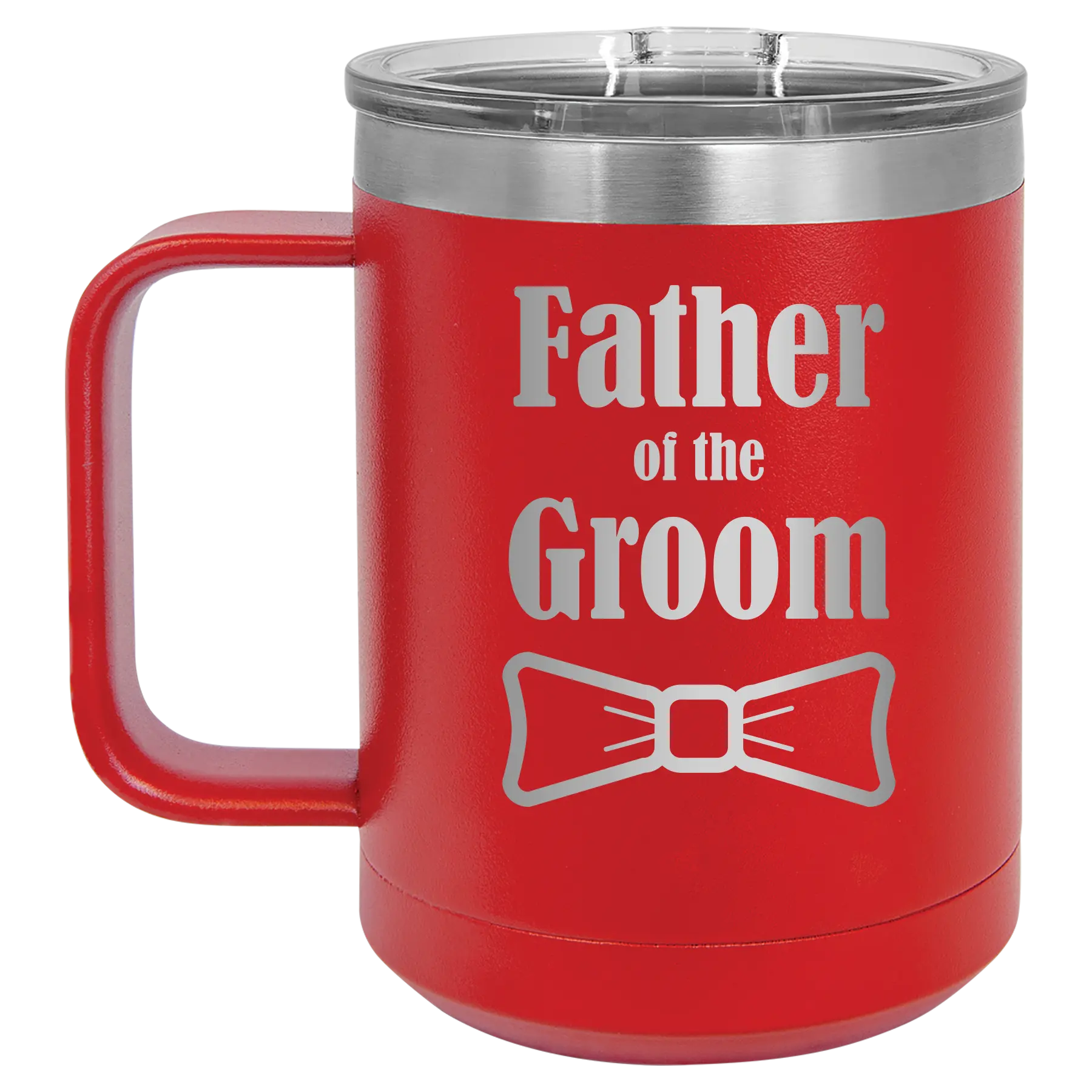 Laser etched red 15 oz vacuum insulated coffee mug with 'Father of the Groom' design