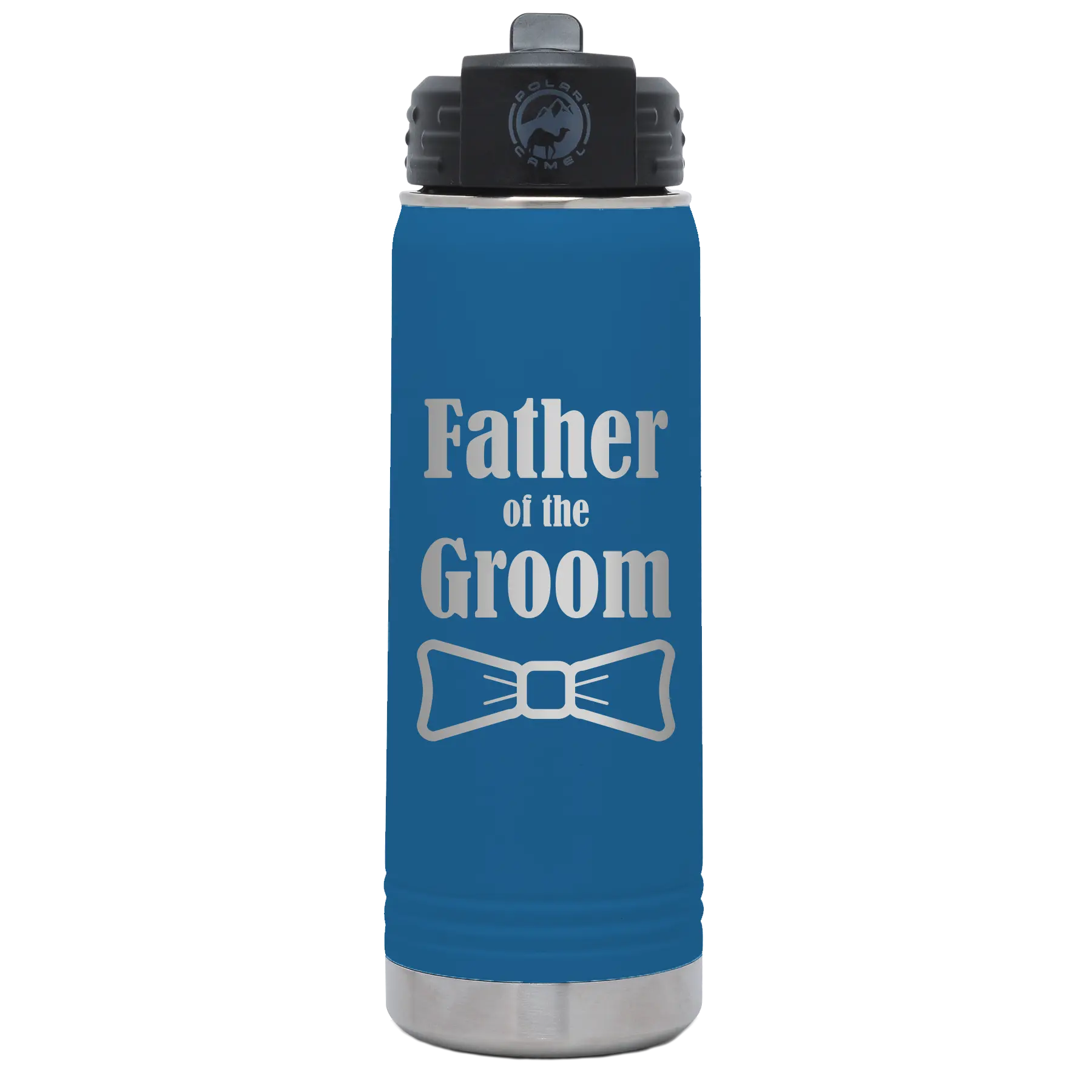 Laser etched royal blue 20 oz vacuum insulated water bottle with 'Father of the Groom' design