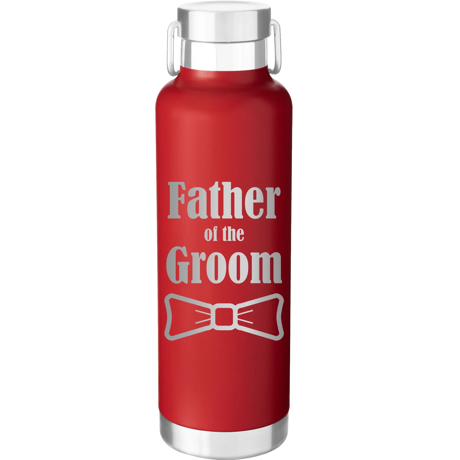 Laser etched red 24 oz vacuum insulated water bottle with 'Father of the Groom' design