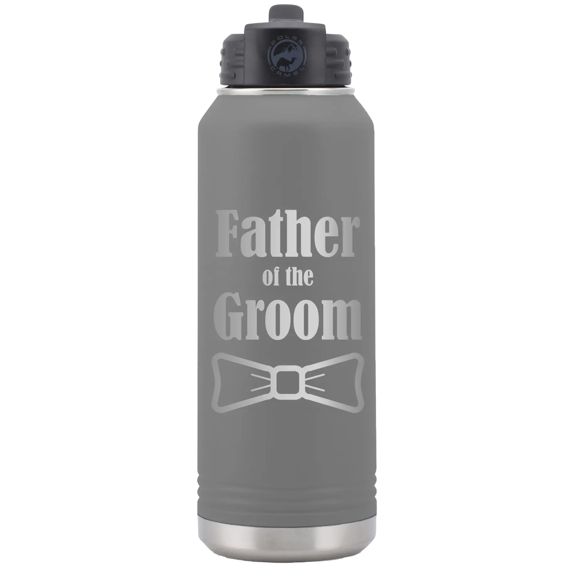 Laser etched dark gray 32 oz vacuum insulated water bottle with 'Father of the Groom' design