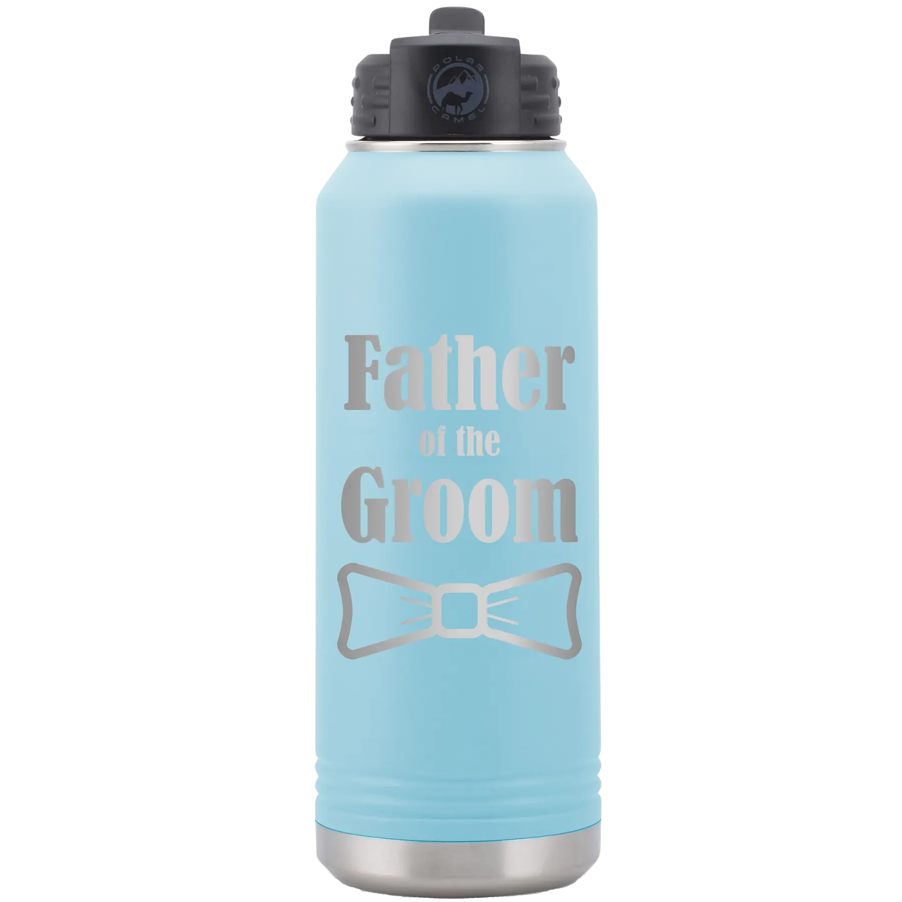 Laser etched light blue 32 oz vacuum insulated water bottle with 'Father of the Groom' design