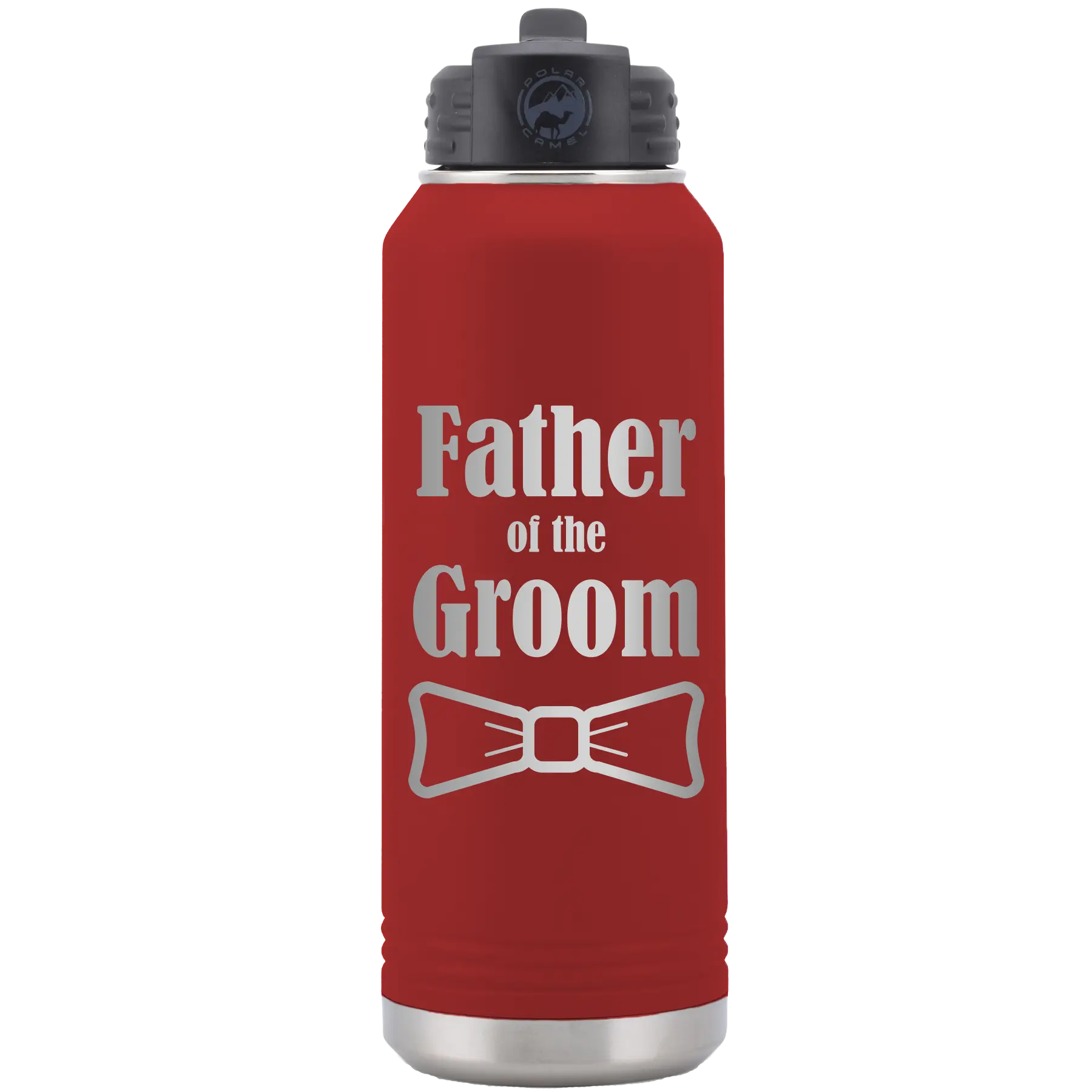 Laser etched maroon 32 oz vacuum insulated water bottle with 'Father of the Groom' design