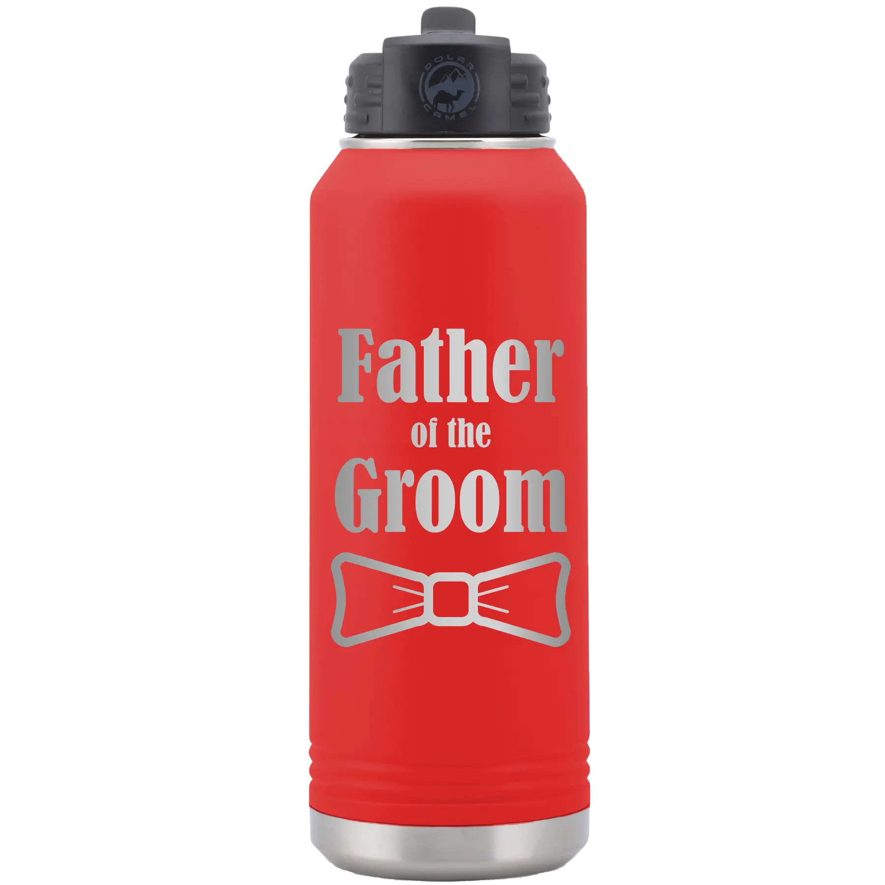 Laser etched red 32 oz vacuum insulated water bottle with 'Father of the Groom' design