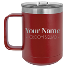Personalized maroon 15 oz vacuum insulated coffee mug with 'Groom Squad' design