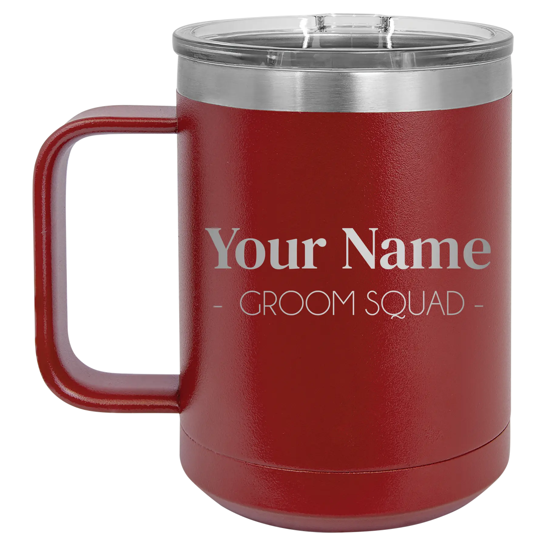 Personalized maroon 15 oz vacuum insulated coffee mug with 'Groom Squad' design