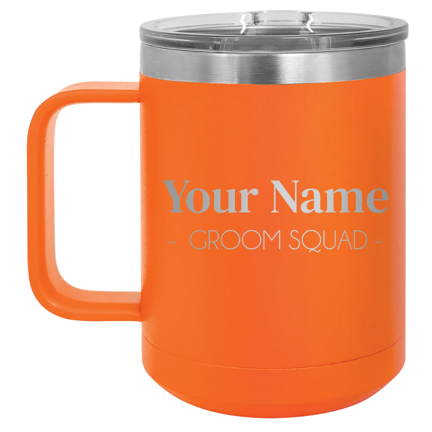 Personalized orange 15 oz vacuum insulated coffee mug with 'Groom Squad' design