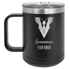 Personalized black 15 oz vacuum insulated coffee mug with 'Groomsman with tux' design