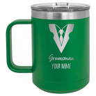 Personalized green 15 oz vacuum insulated coffee mug with 'Groomsman with tux' design