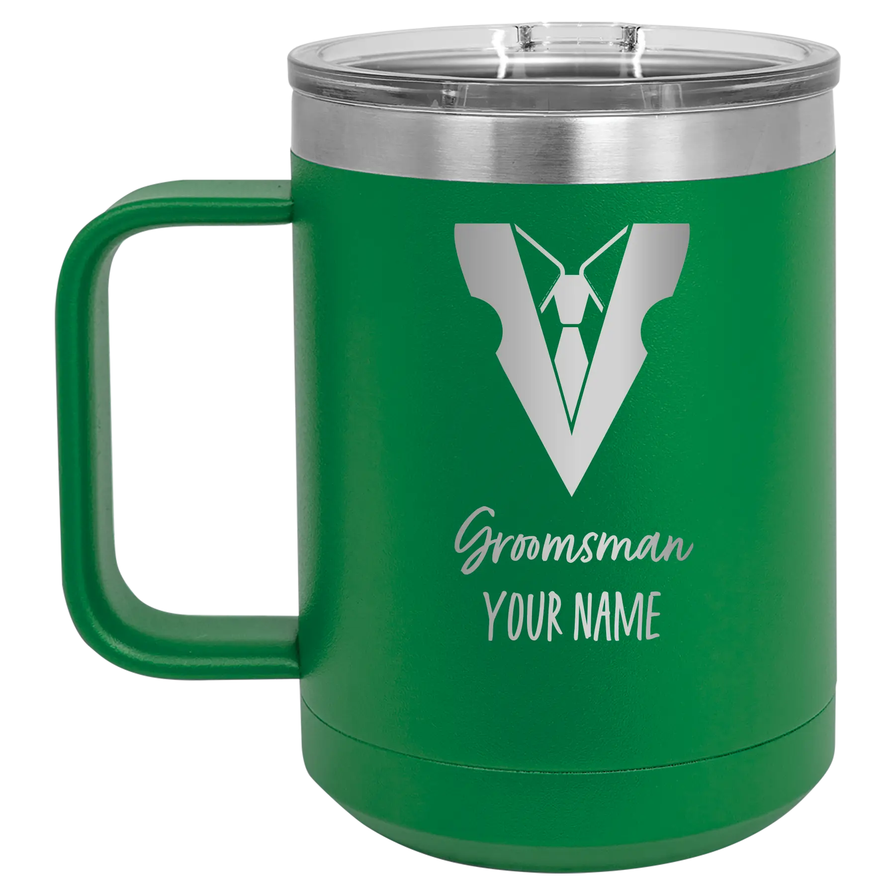 Personalized green 15 oz vacuum insulated coffee mug with 'Groomsman with tux' design