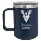 Personalized navy 15 oz vacuum insulated coffee mug with 'Groomsman with tux' design