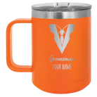 Personalized orange 15 oz vacuum insulated coffee mug with 'Groomsman with tux' design
