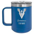 Personalized royal blue 15 oz vacuum insulated coffee mug with 'Groomsman with tux' design