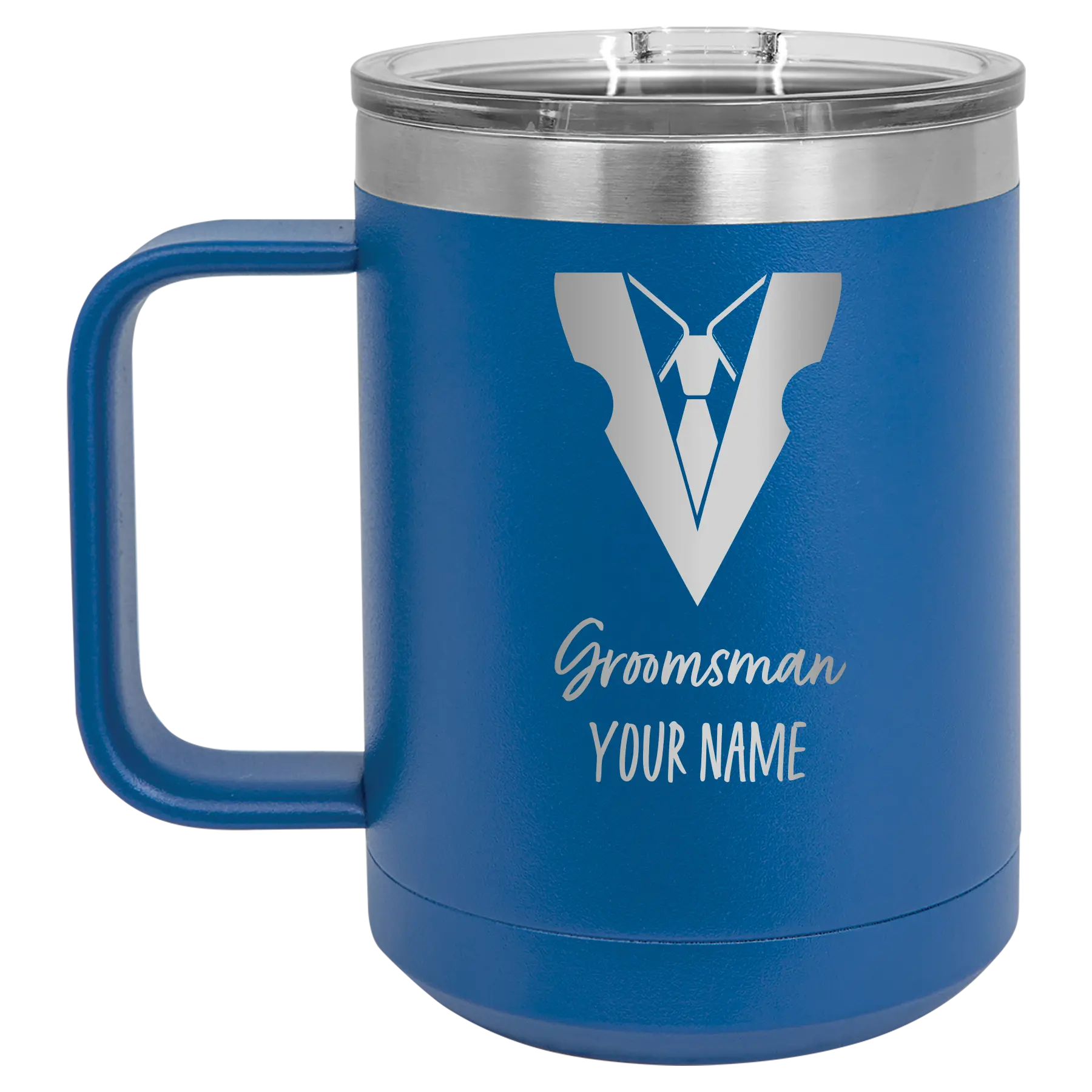Personalized royal blue 15 oz vacuum insulated coffee mug with 'Groomsman with tux' design