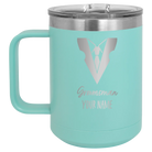 Personalized teal 15 oz vacuum insulated coffee mug with 'Groomsman with tux' design