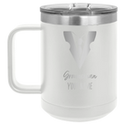 Personalized white 15 oz vacuum insulated coffee mug with 'Groomsman with tux' design