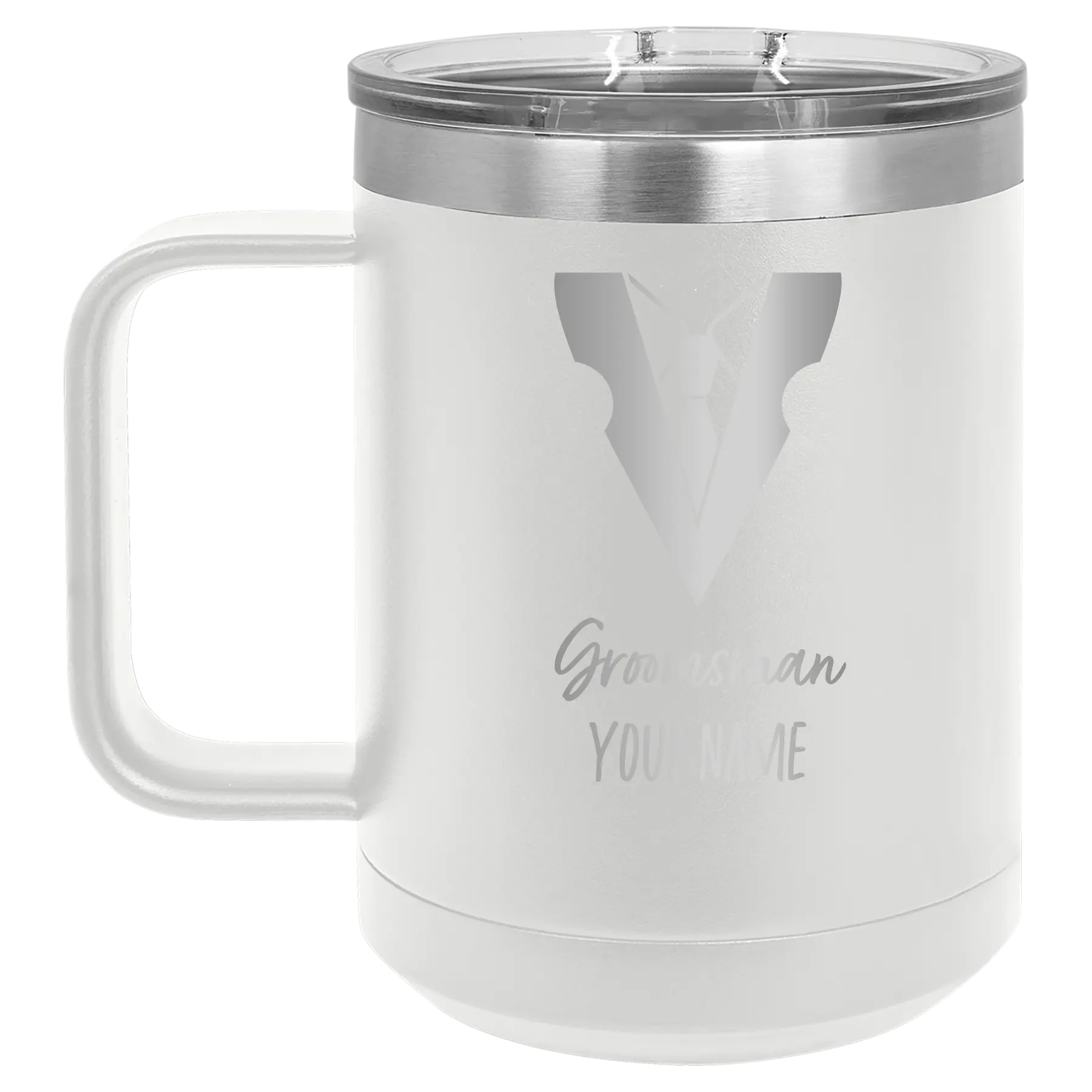 Personalized white 15 oz vacuum insulated coffee mug with 'Groomsman with tux' design