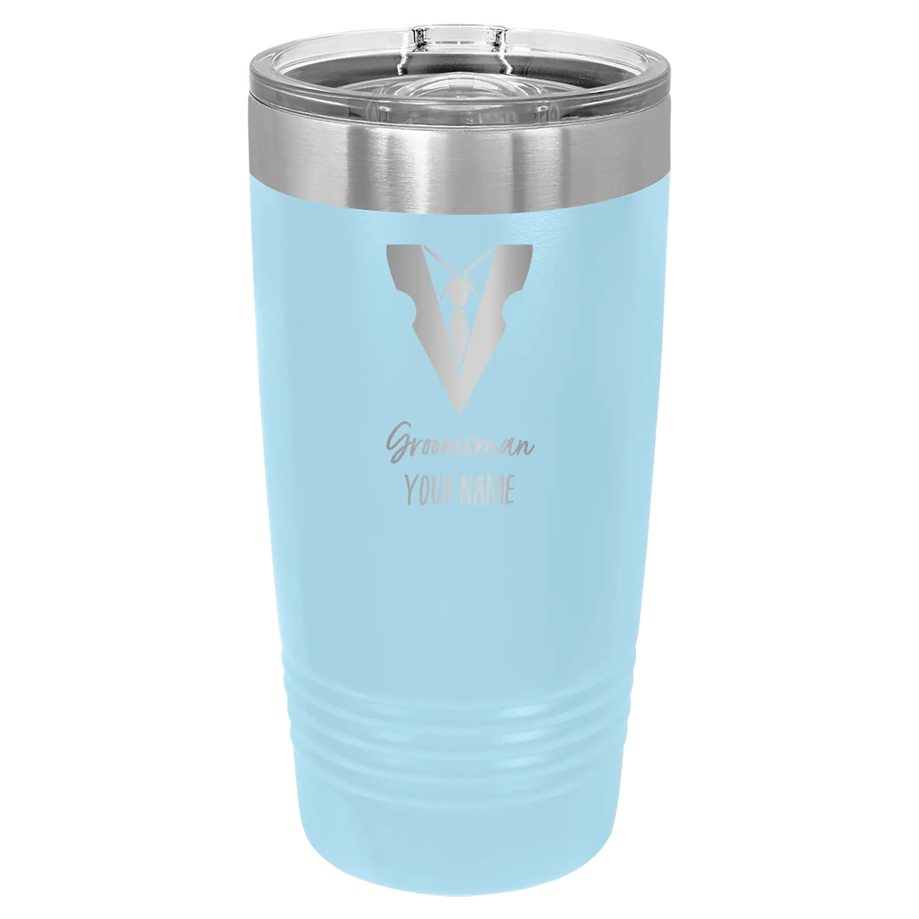 Personalized light blue 20 oz vacuum insulated tumbler with 'Groomsman with tux' design
