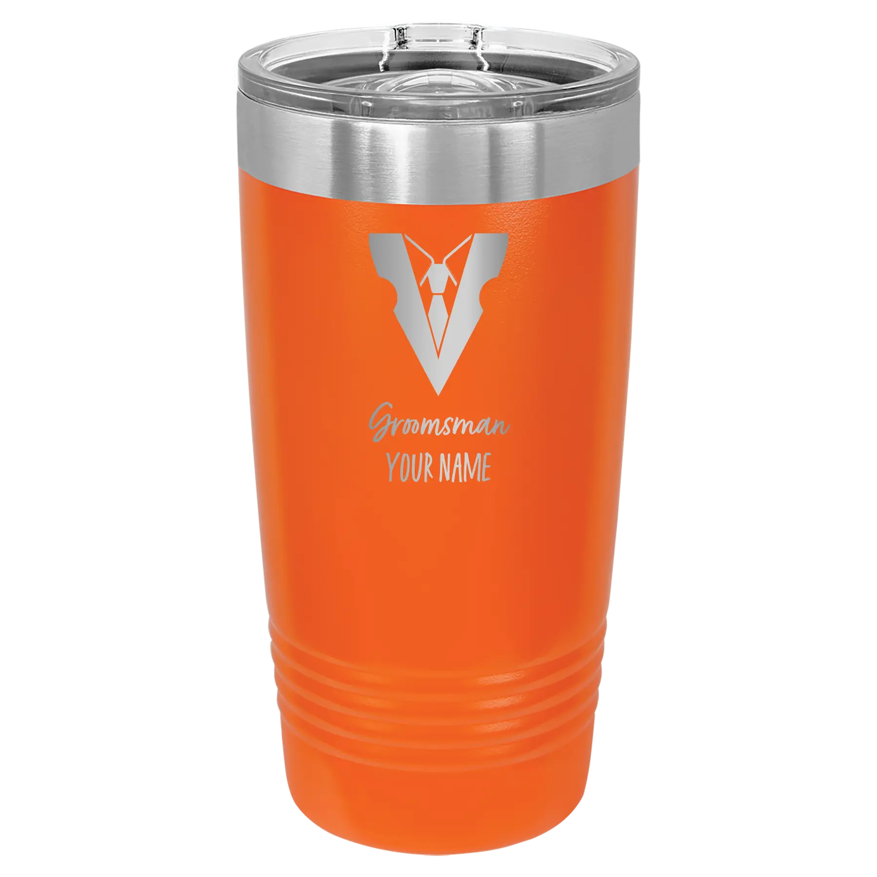 Personalized orange 20 oz vacuum insulated tumbler with 'Groomsman with tux' design