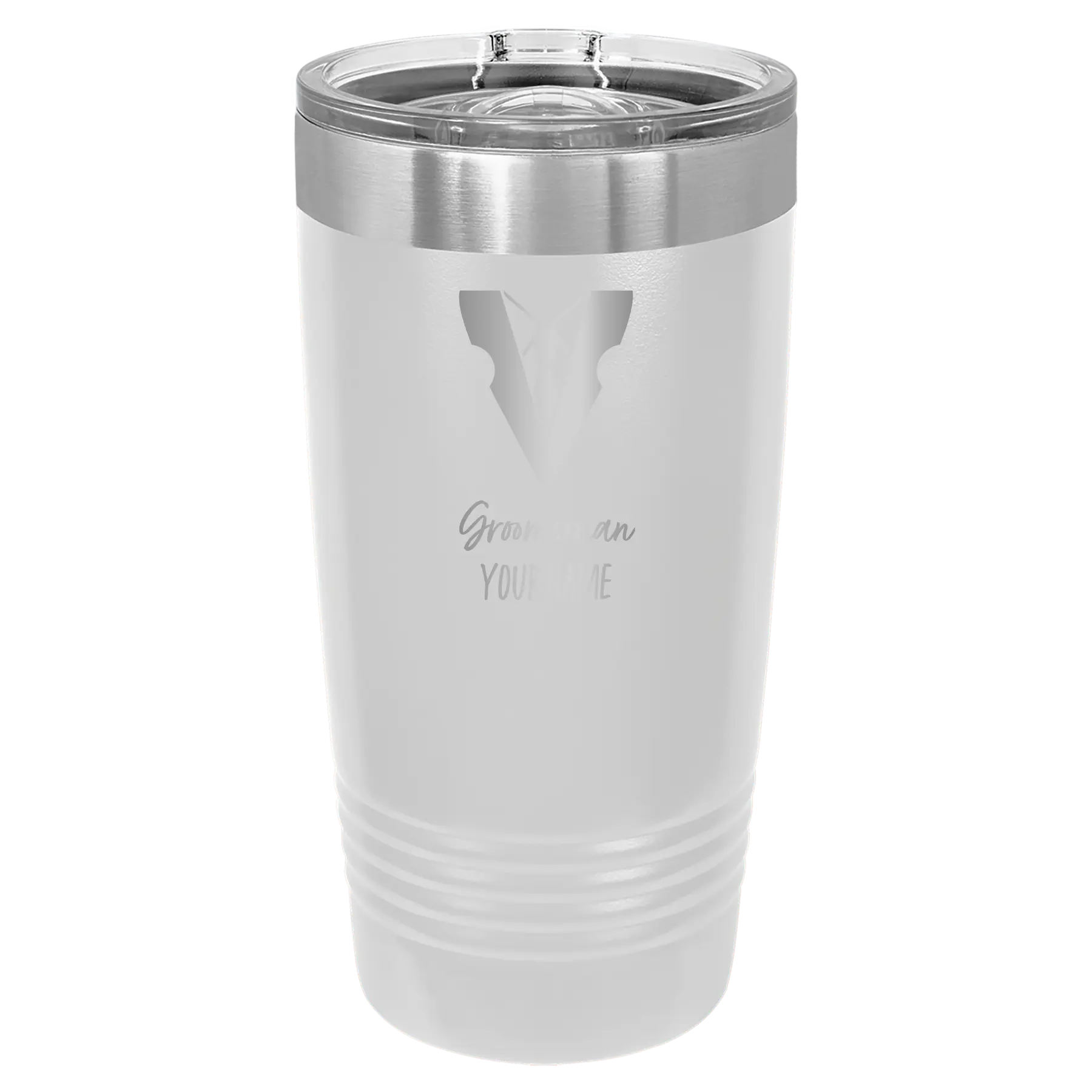 Personalized white 20 oz vacuum insulated tumbler with 'Groomsman with tux' design