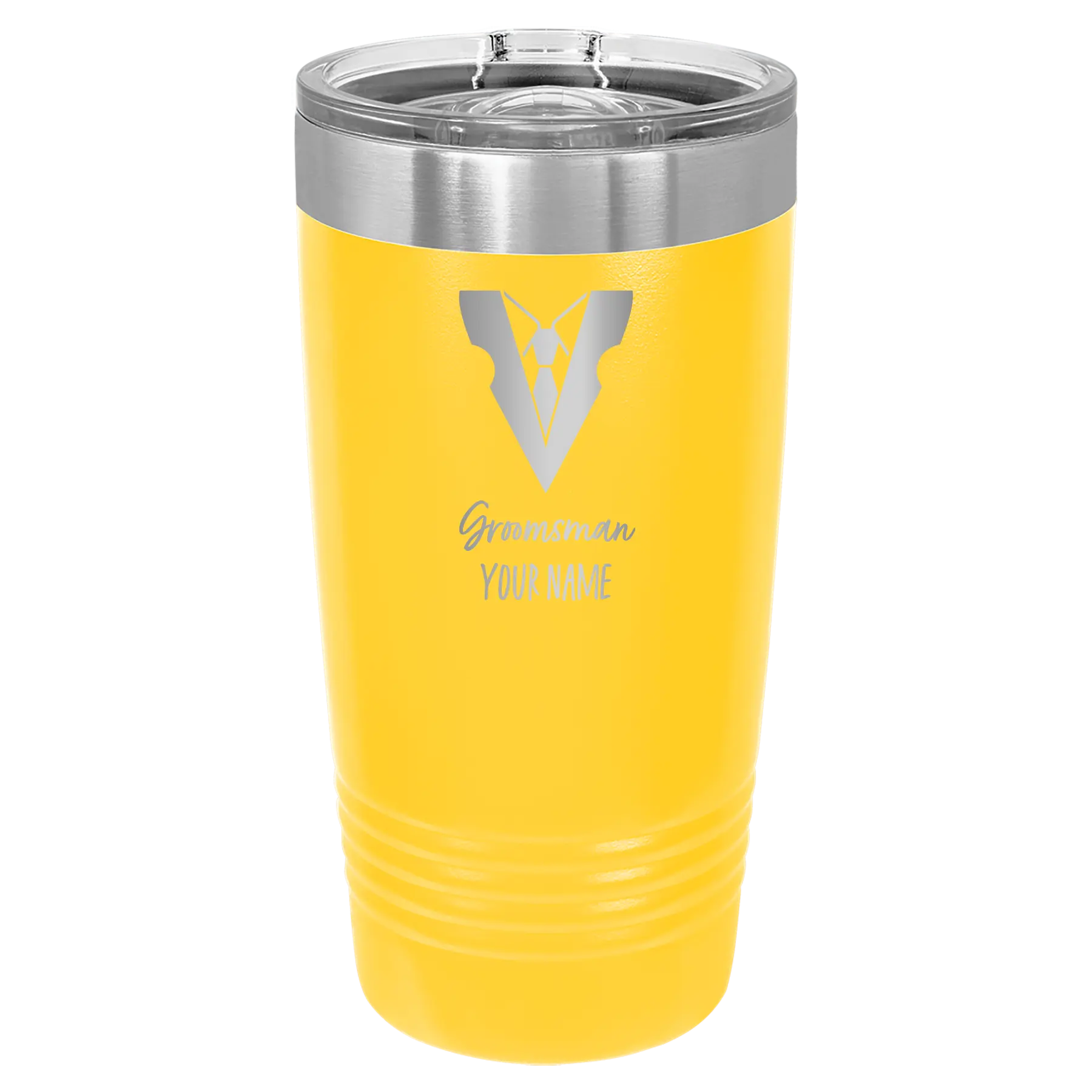 Personalized yellow 20 oz vacuum insulated tumbler with 'Groomsman with tux' design