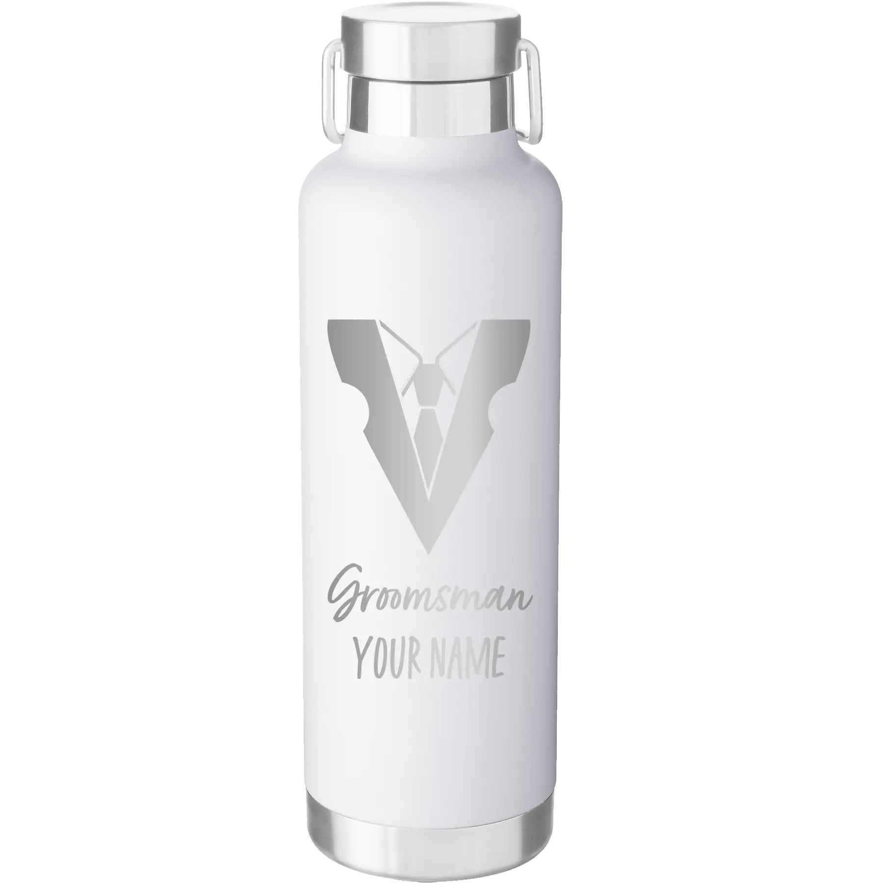 Personalized white 24 oz vacuum insulated water bottle with 'Groomsman with tux' design