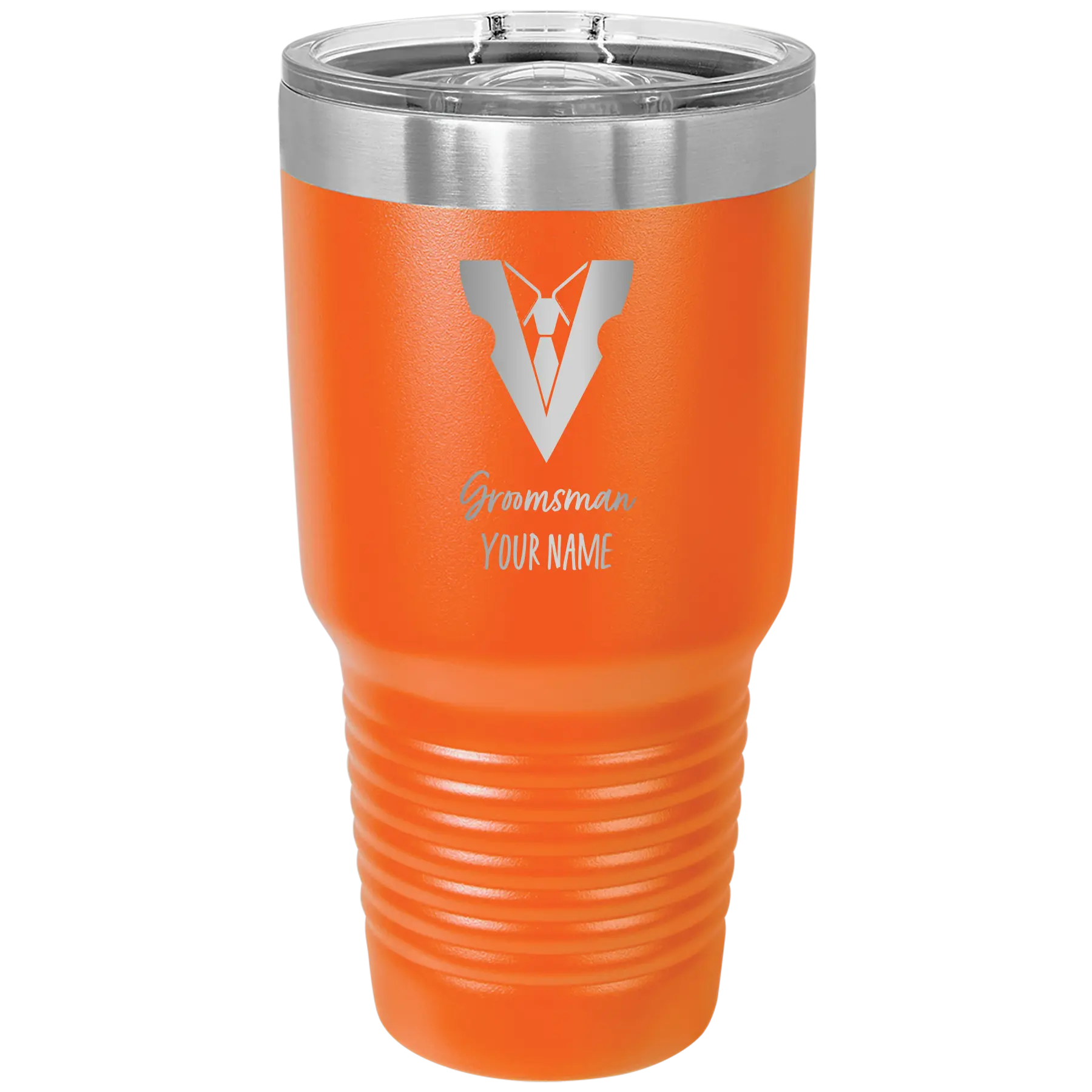 Personalized orange 30 oz vacuum insulated tumbler with 'Groomsman with tux' design
