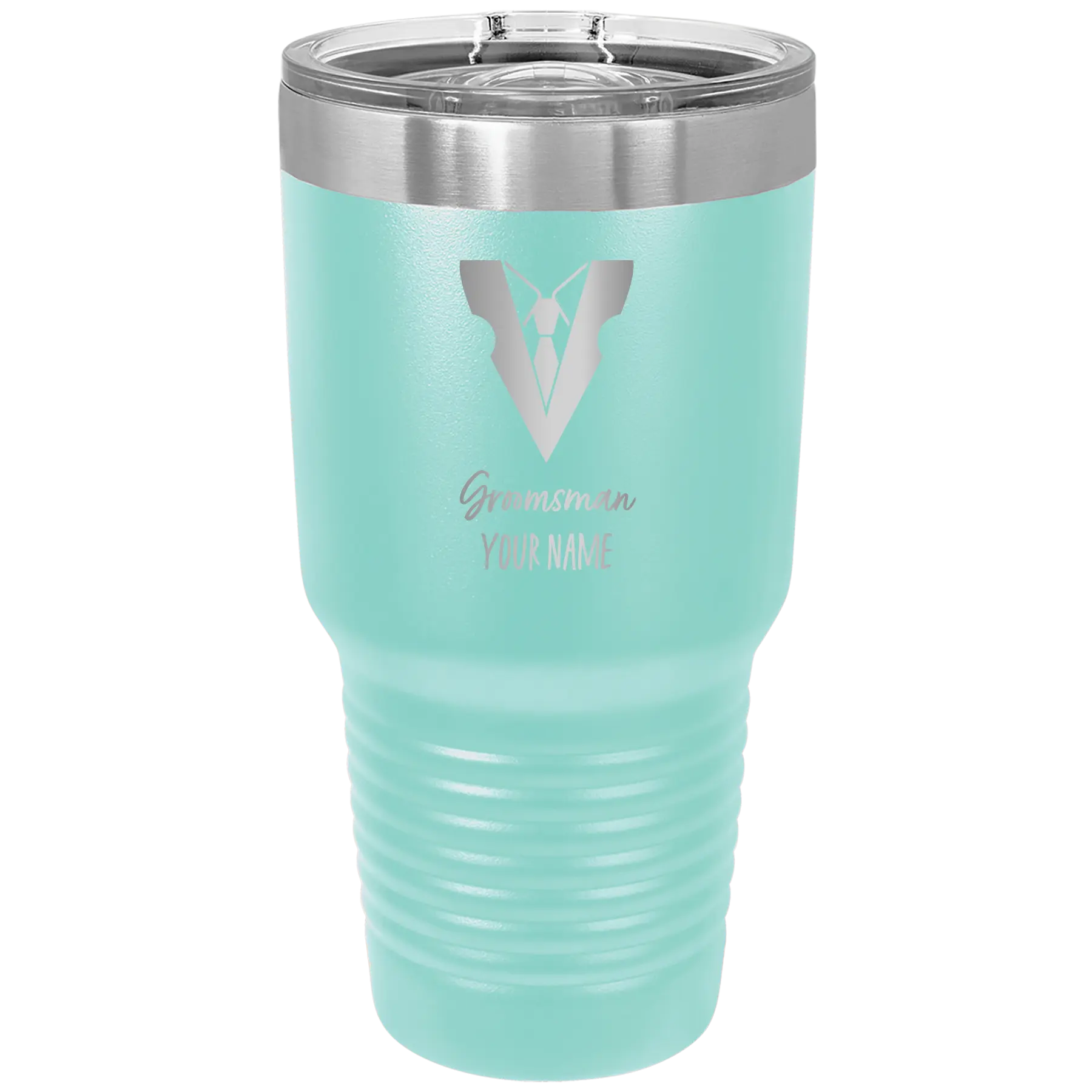 Personalized teal 30 oz vacuum insulated tumbler with 'Groomsman with tux' design