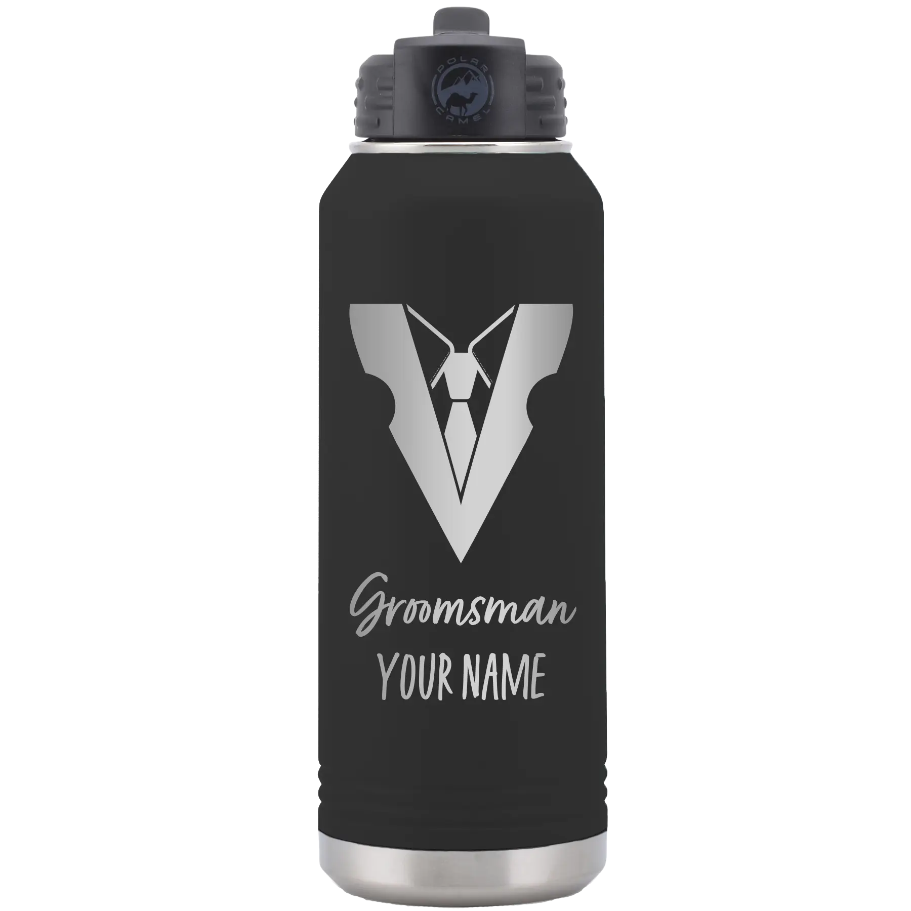 Personalized black 32 oz vacuum insulated water bottle with 'Groomsman with tux' design