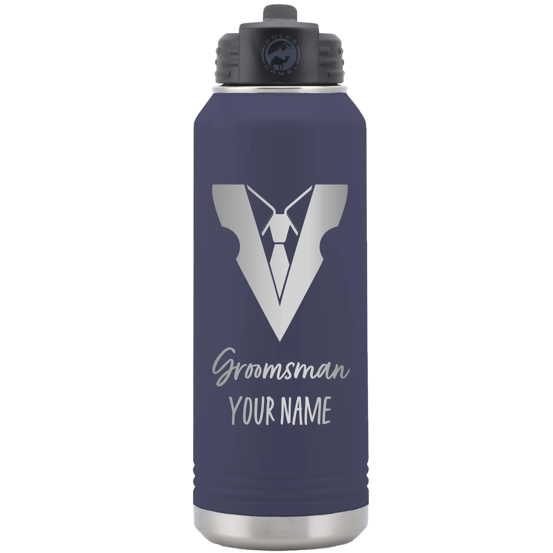 Personalized navy 32 oz vacuum insulated water bottle with 'Groomsman with tux' design