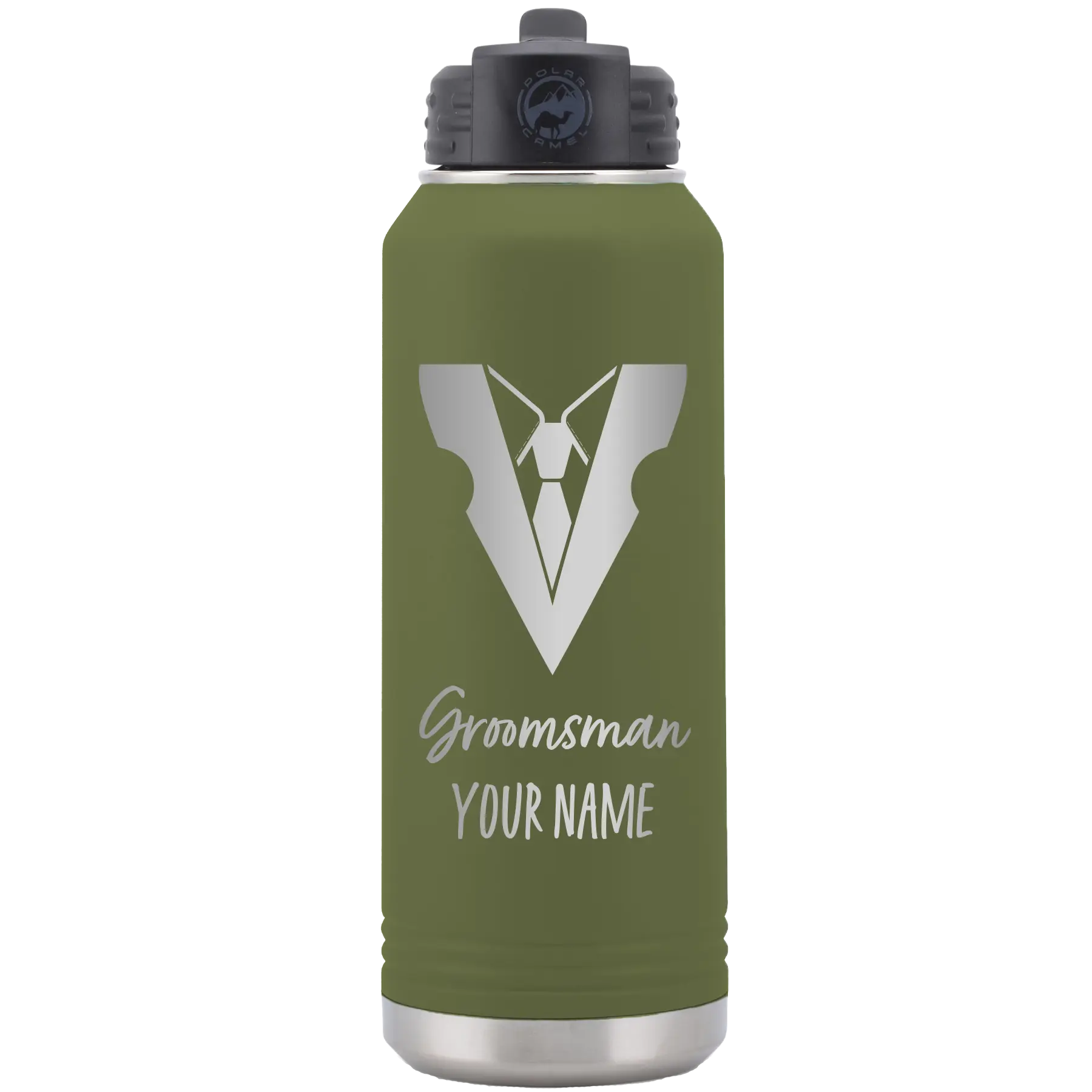 Personalized olive green 32 oz vacuum insulated water bottle with 'Groomsman with tux' design