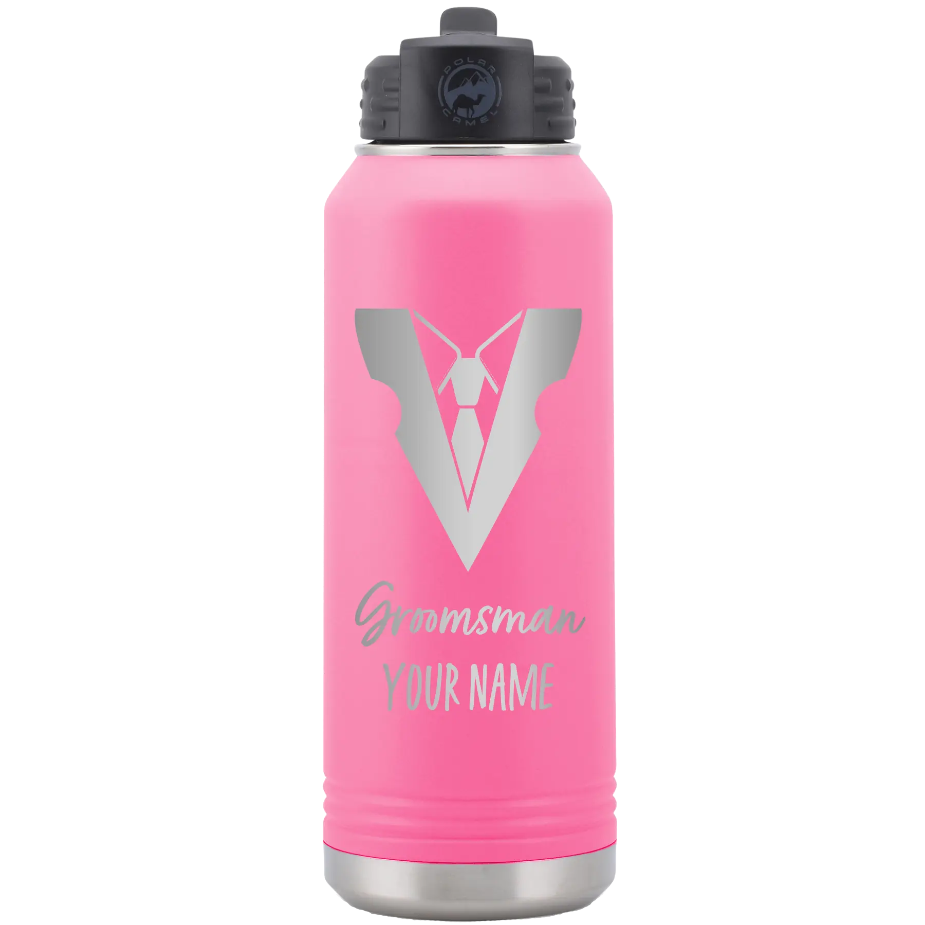 Personalized pink 32 oz vacuum insulated water bottle with 'Groomsman with tux' design