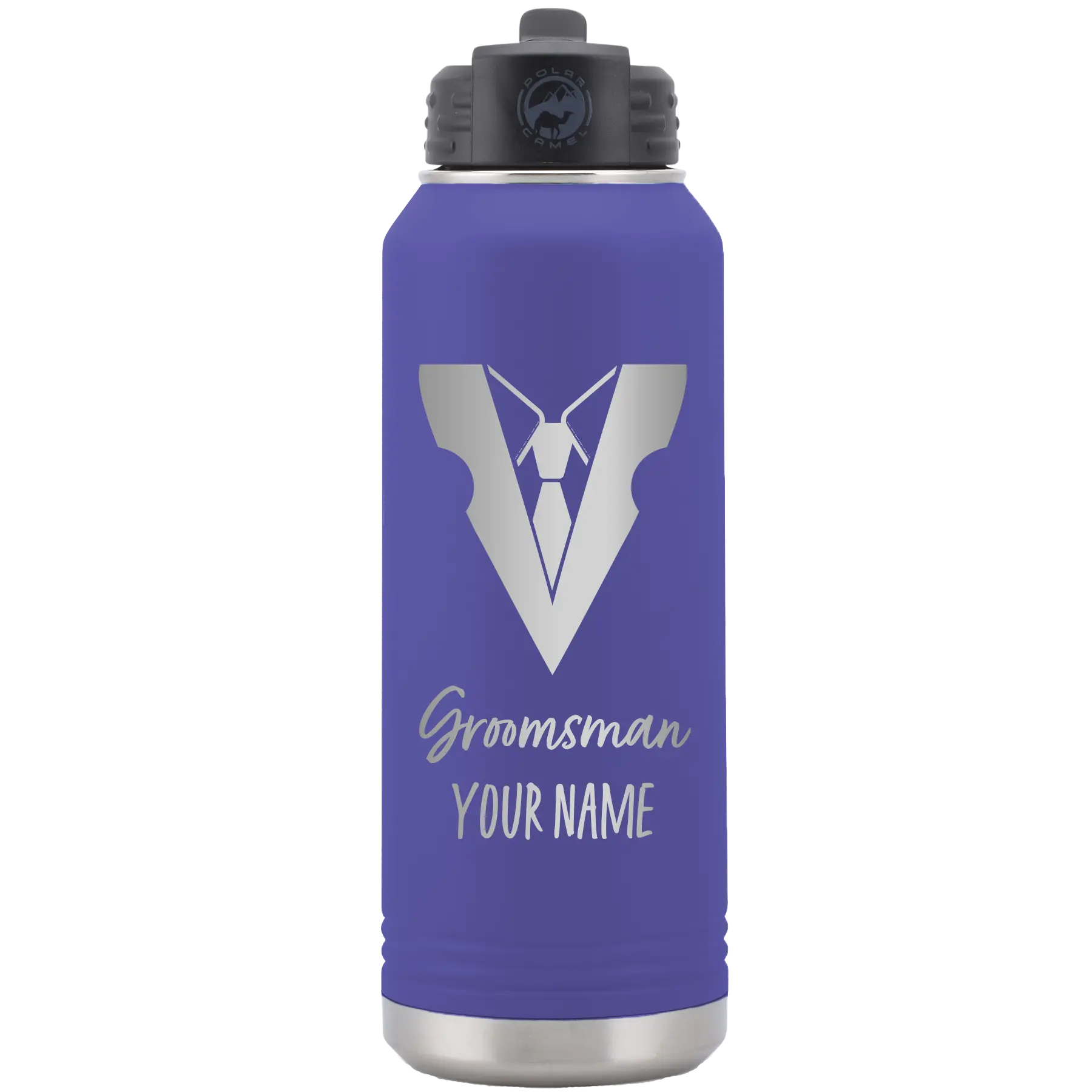 Personalized purple 32 oz vacuum insulated water bottle with 'Groomsman with tux' design
