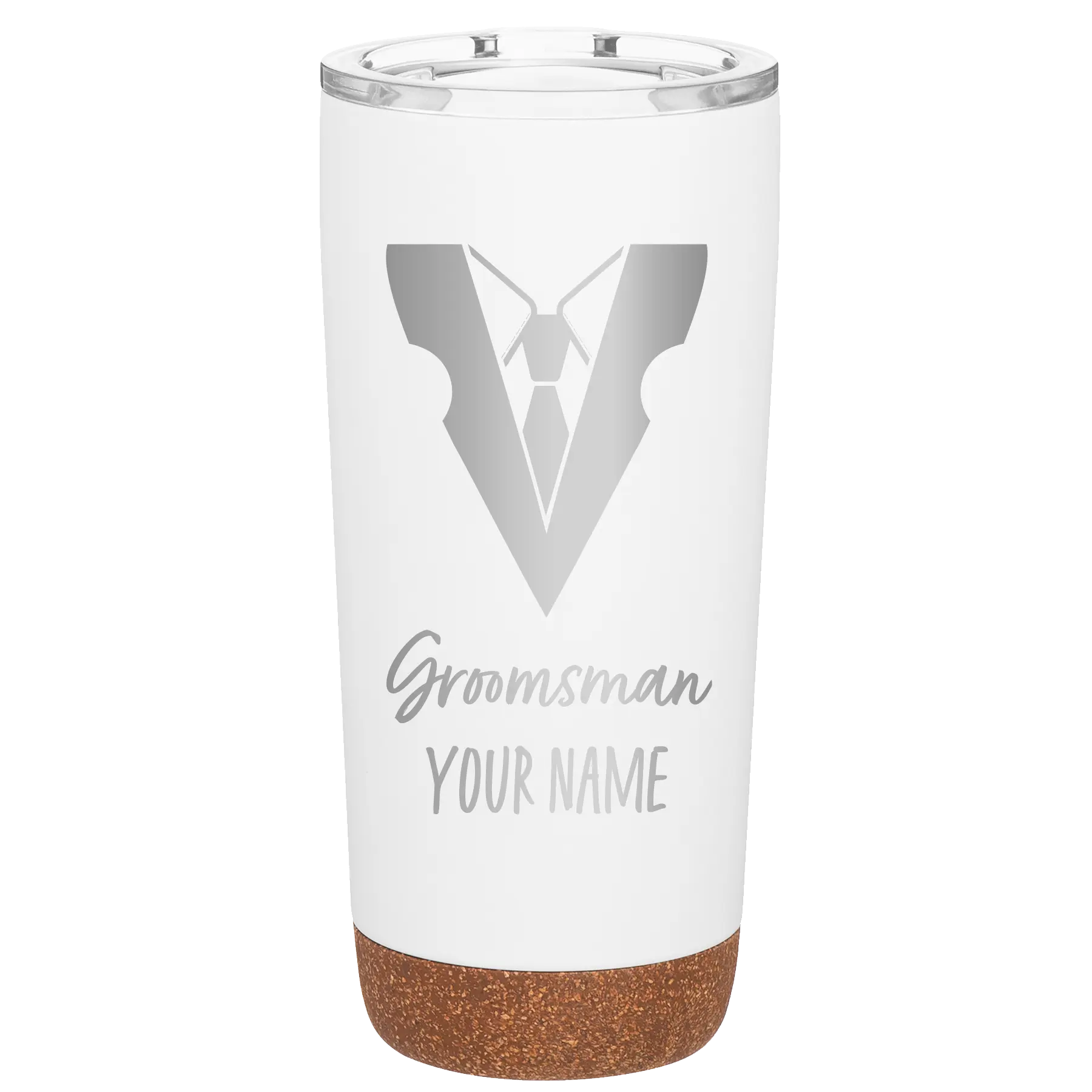 Personalized white 20 oz vacuum insulated tumbler with 'Groomsman with tux' design