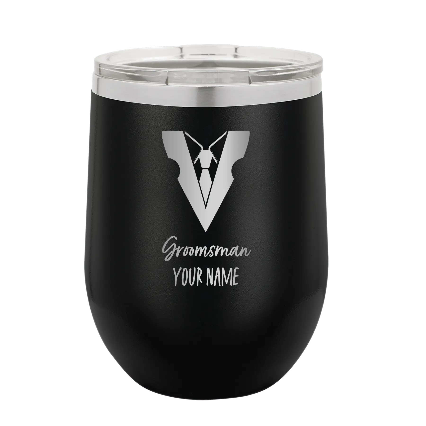 Personalized black 12 oz vacuum insulated wine cup with 'Groomsman with tux' design