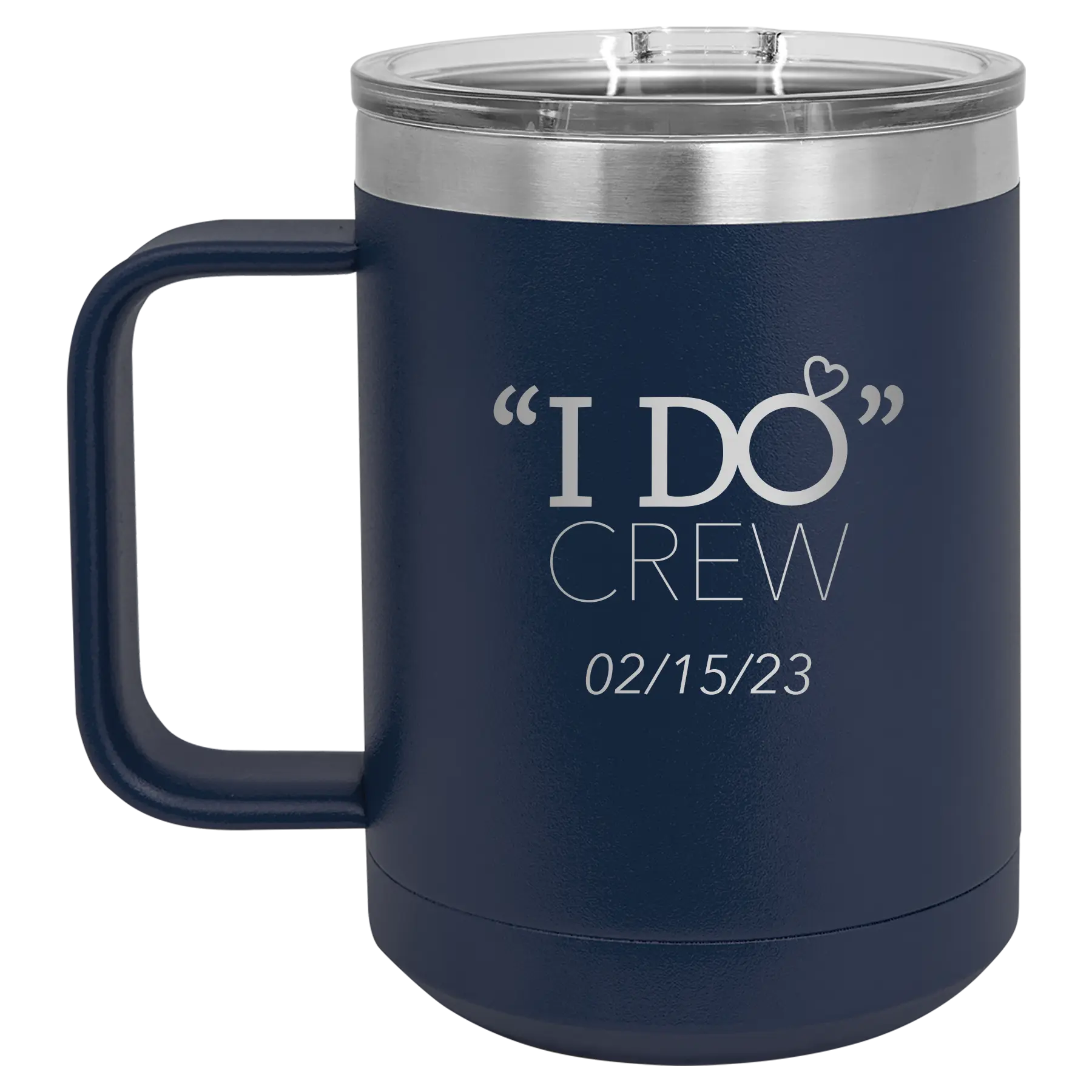 Personalized navy 15 oz vacuum insulated coffee mug with 'I do Crew Date' design