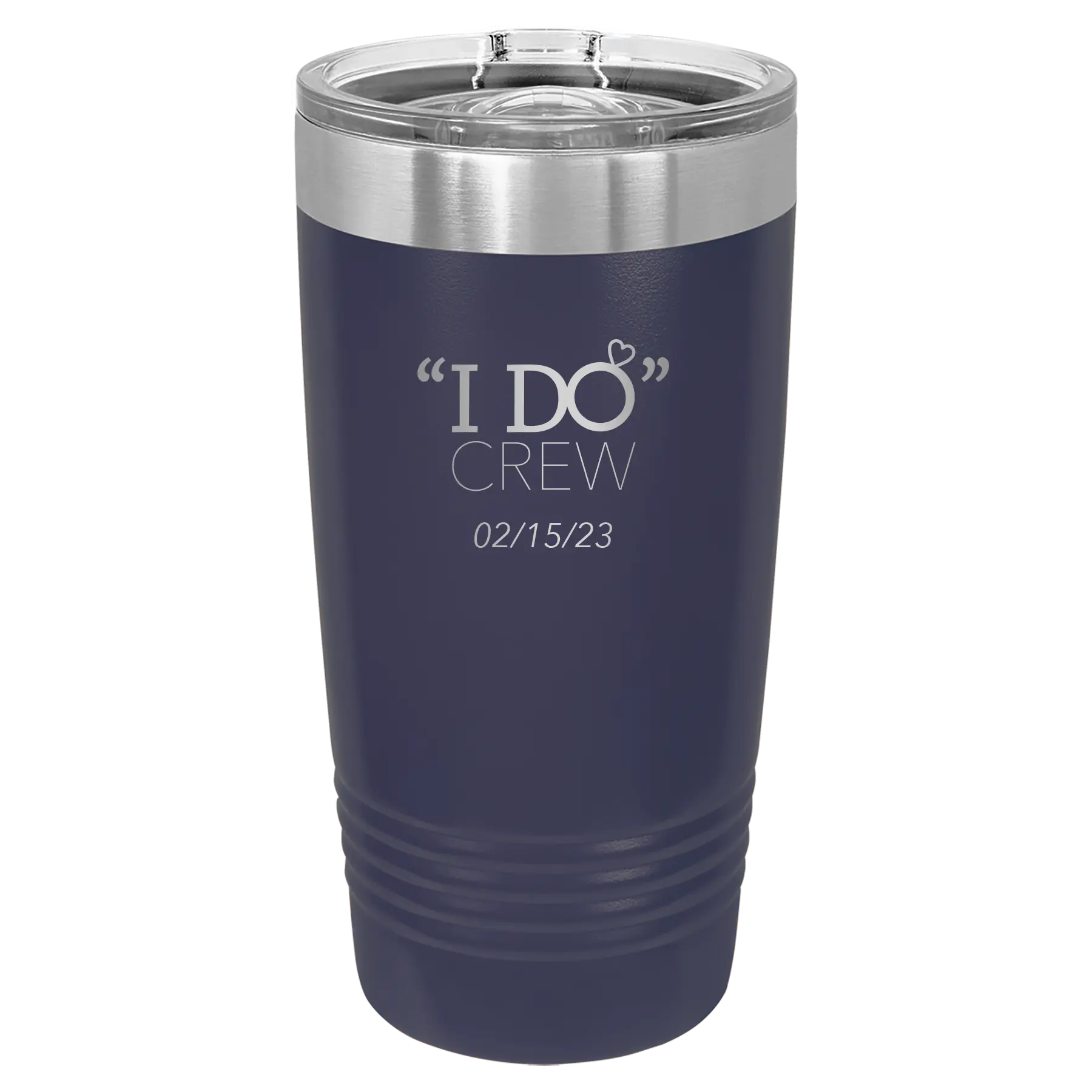 Personalized navy 20 oz vacuum insulated tumbler with 'I do Crew Date' design