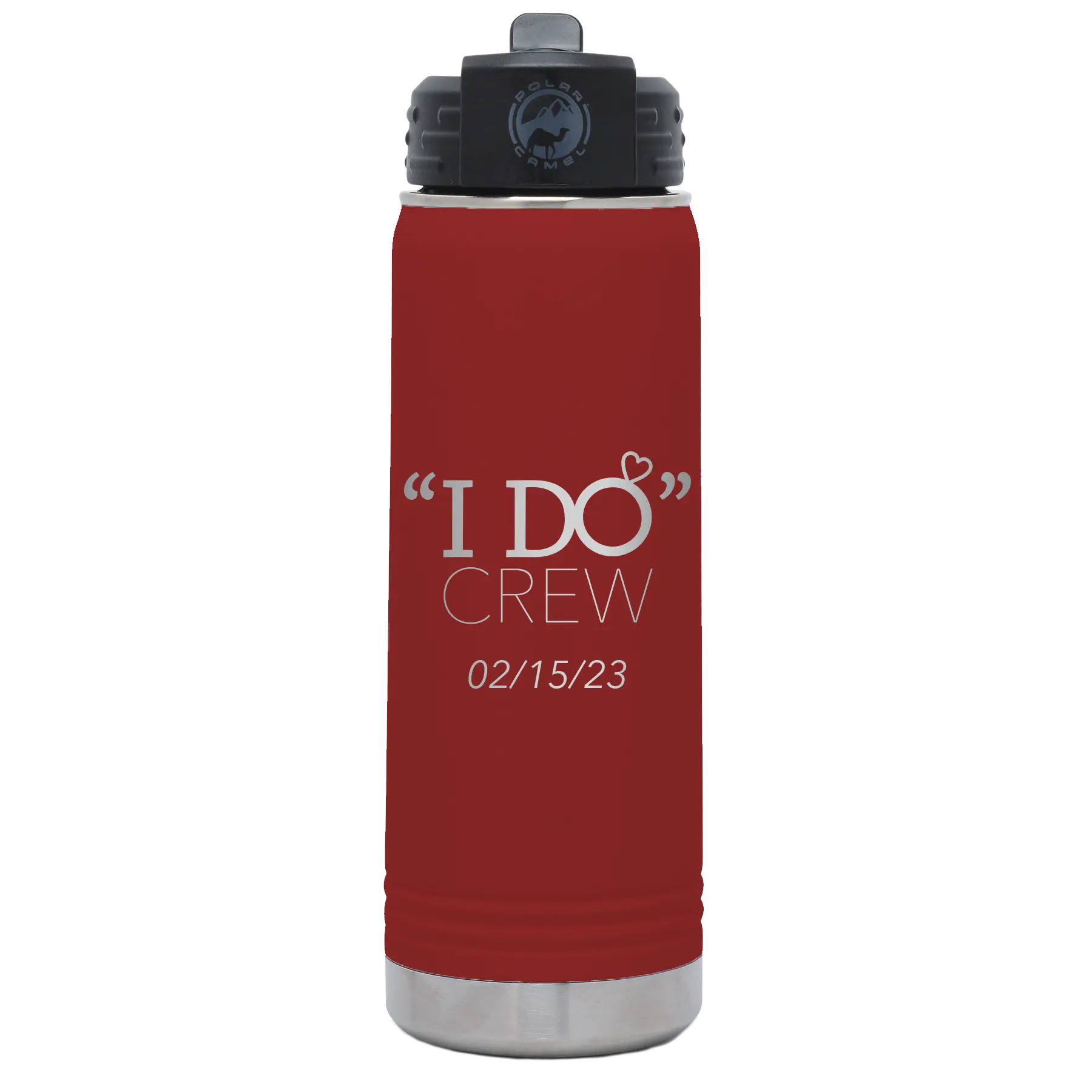 Personalized maroon 20 oz vacuum insulated water bottle with 'I do Crew Date' design