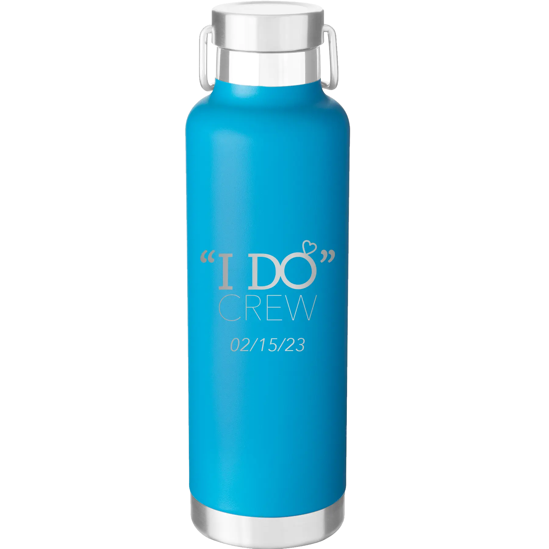 Personalized aqua 24 oz vacuum insulated water bottle with 'I do Crew Date' design