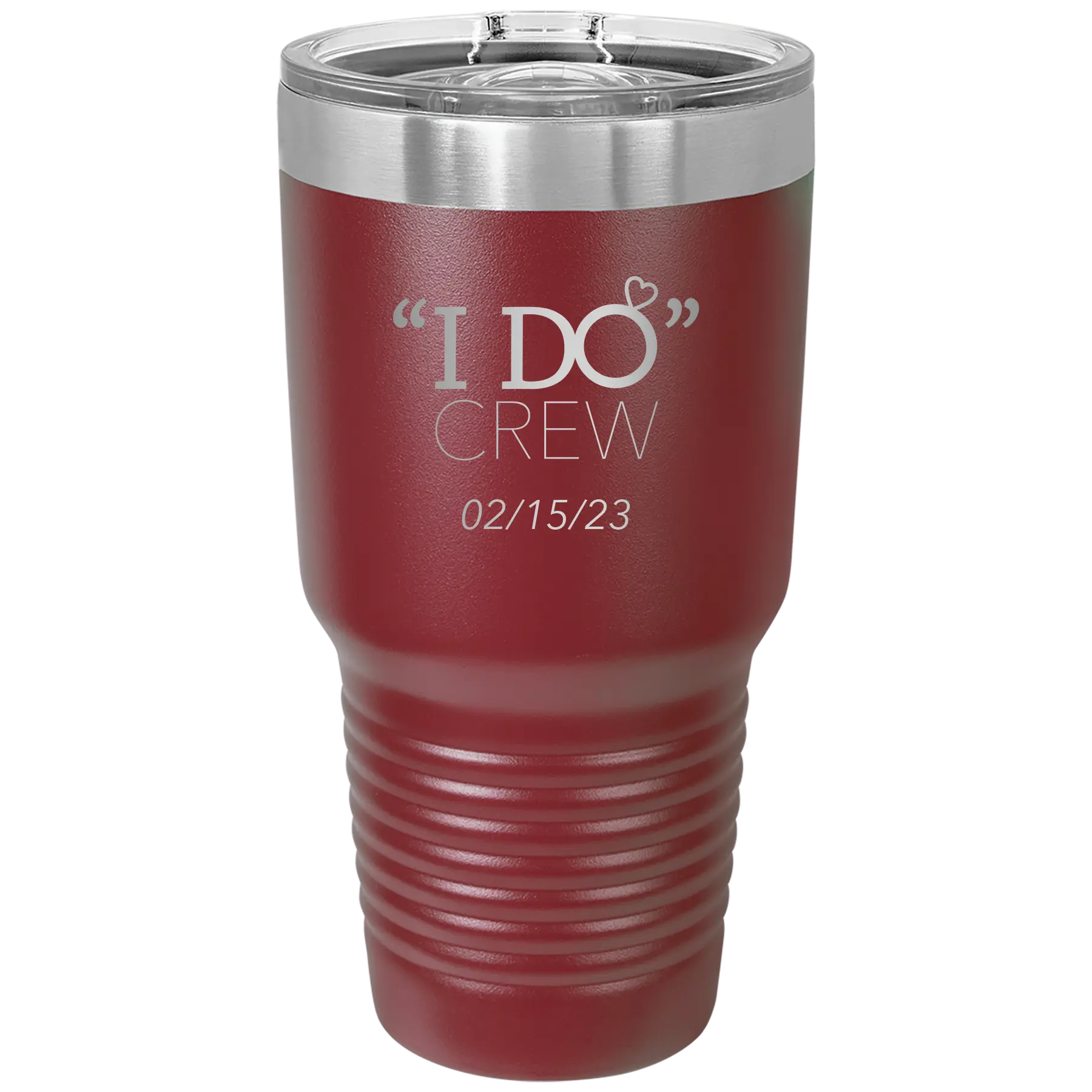 Personalized maroon 30 oz vacuum insulated tumbler with 'I do Crew Date' design