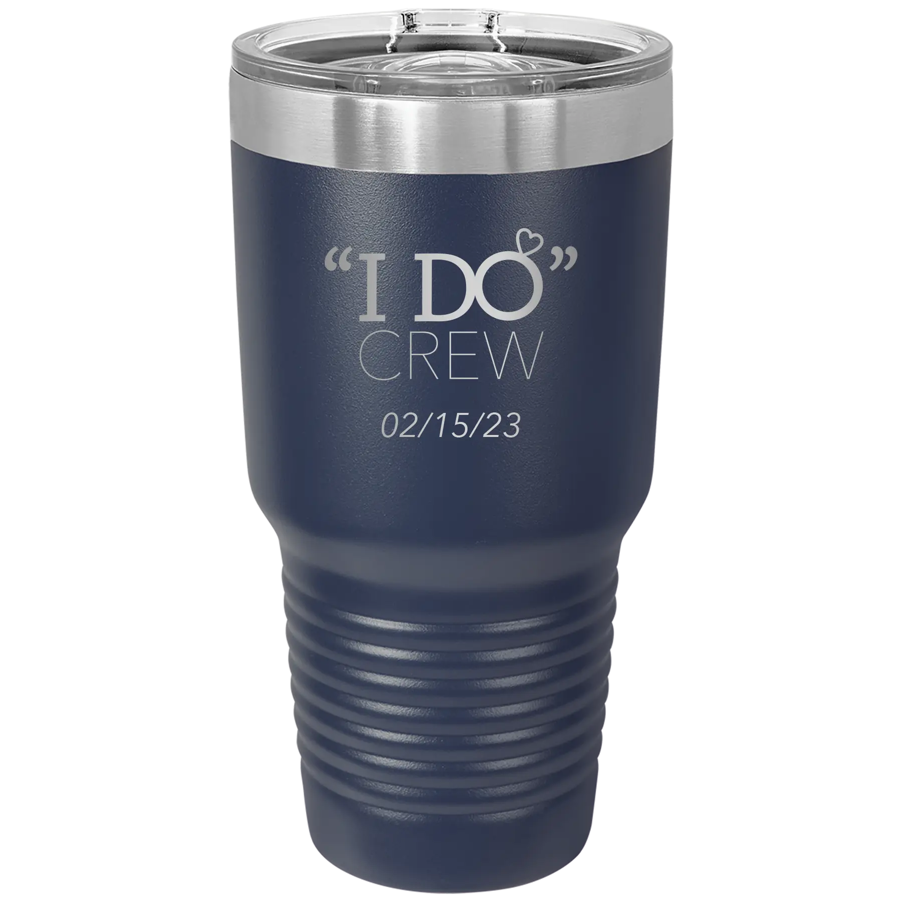 Personalized navy 30 oz vacuum insulated tumbler with 'I do Crew Date' design