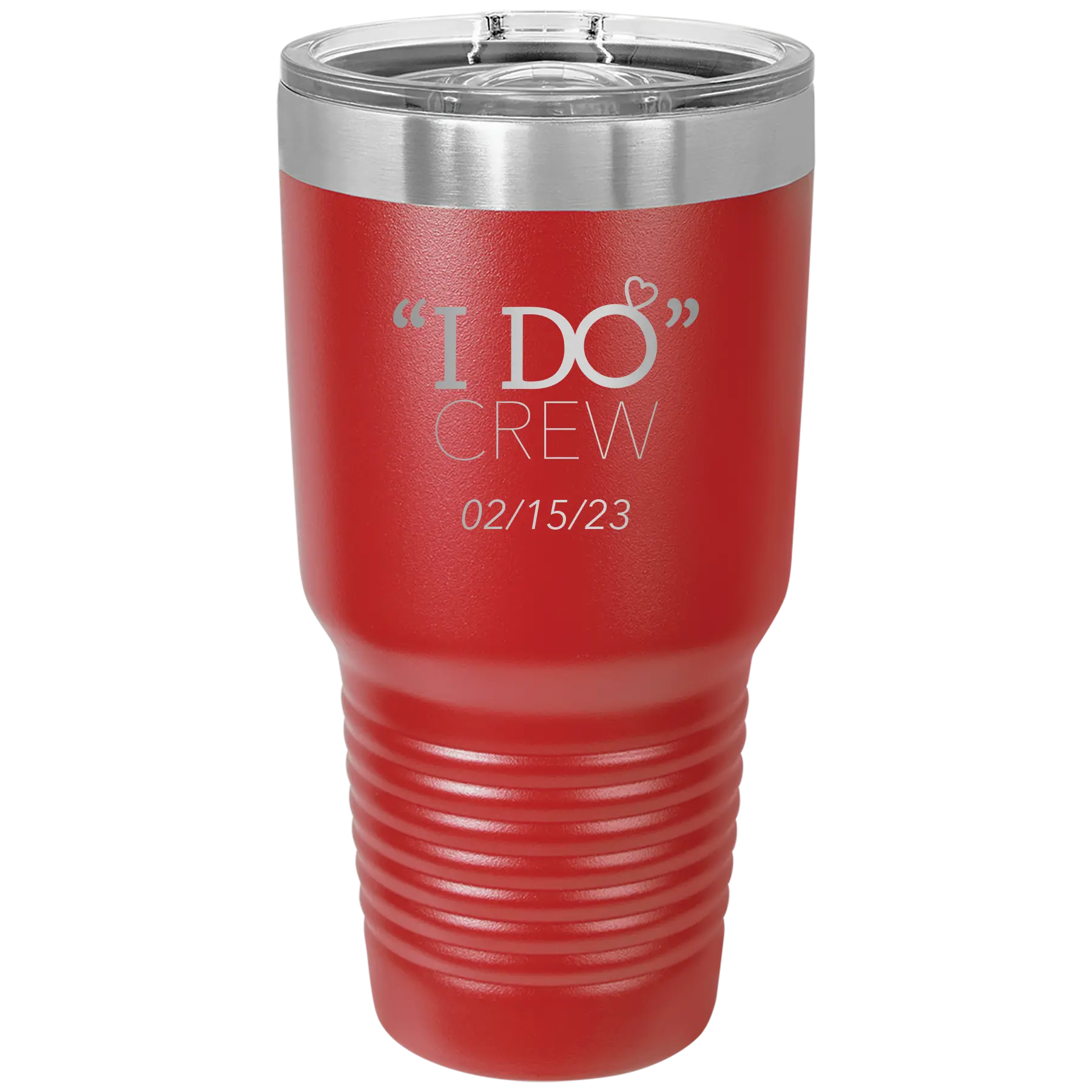 Personalized red 30 oz vacuum insulated tumbler with 'I do Crew Date' design