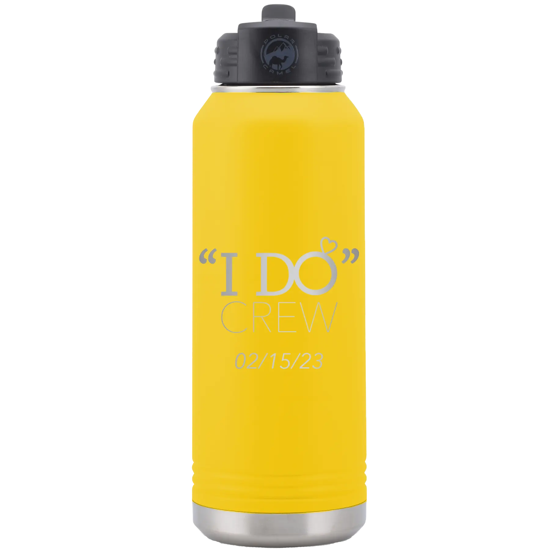 Personalized yellow 32 oz vacuum insulated water bottle with 'I do Crew Date' design