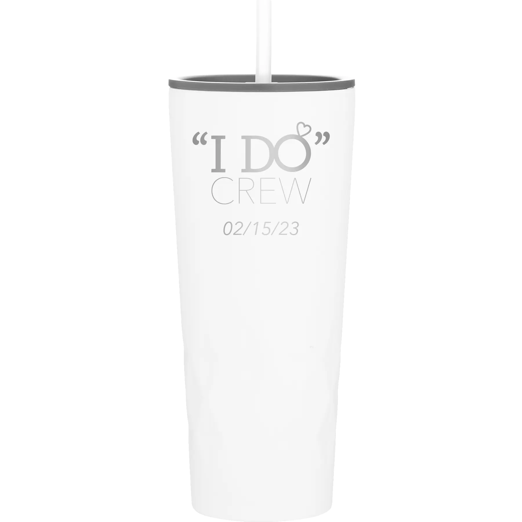 Personalized white 20 oz vacuum insulated tumbler with 'I do Crew Date' design