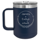 Personalized navy 15 oz vacuum insulated coffee mug with 'Name and Date' design