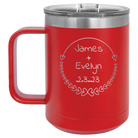 Personalized red 15 oz vacuum insulated coffee mug with 'Name and Date' design